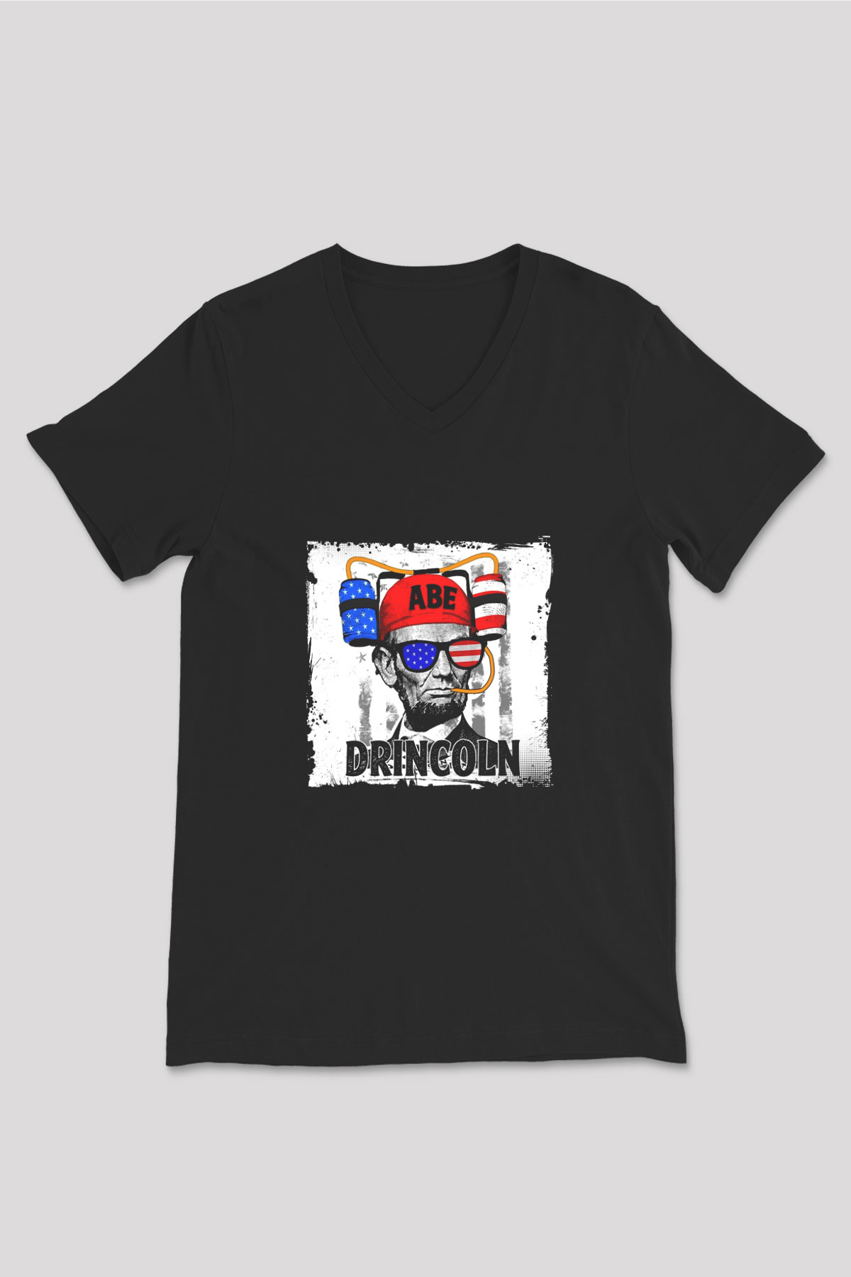 Abraham Lincoln Baskılı Unisex Siyah V Yaka Tişört