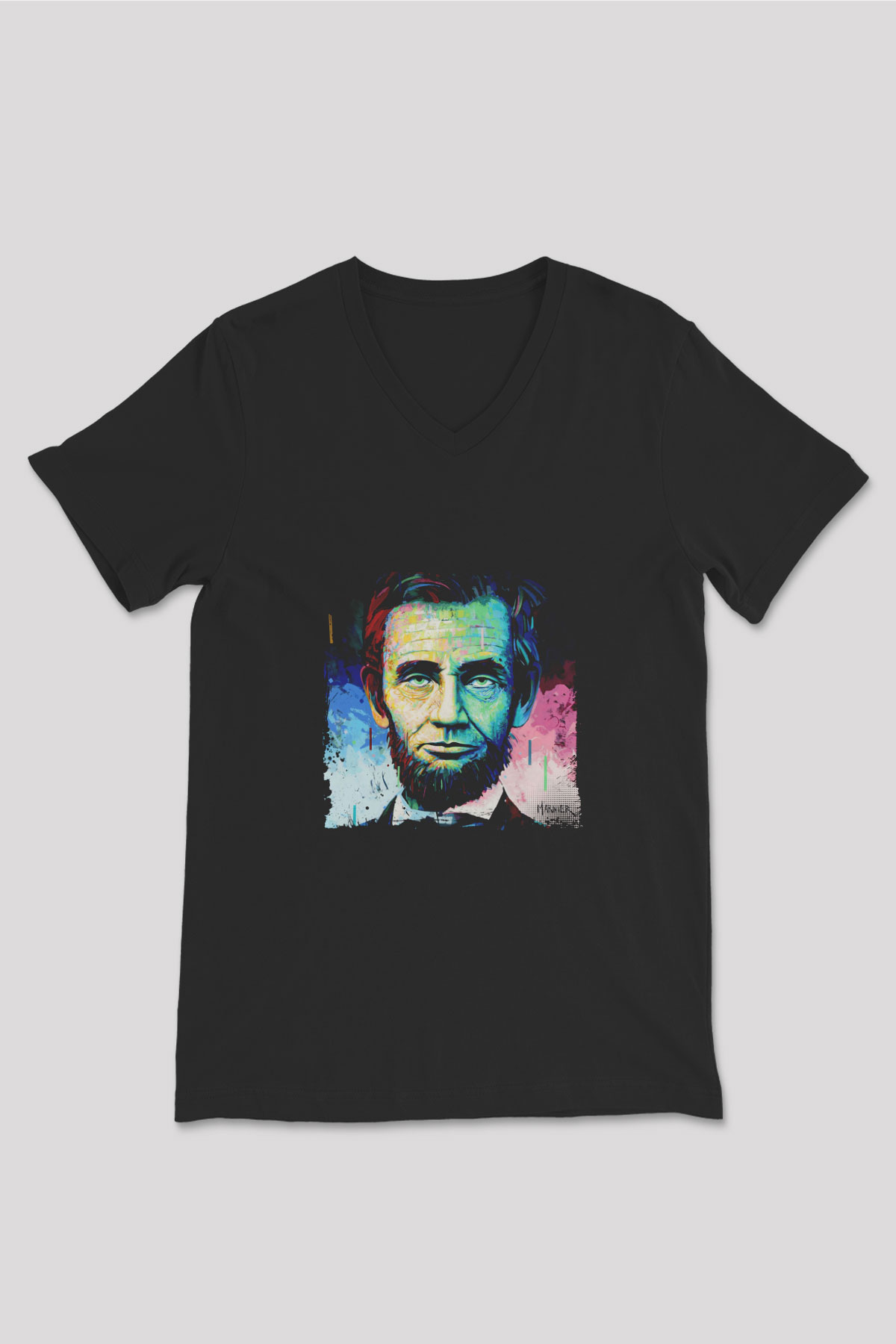 Abraham Lincoln Baskılı Unisex Siyah V Yaka Tişört