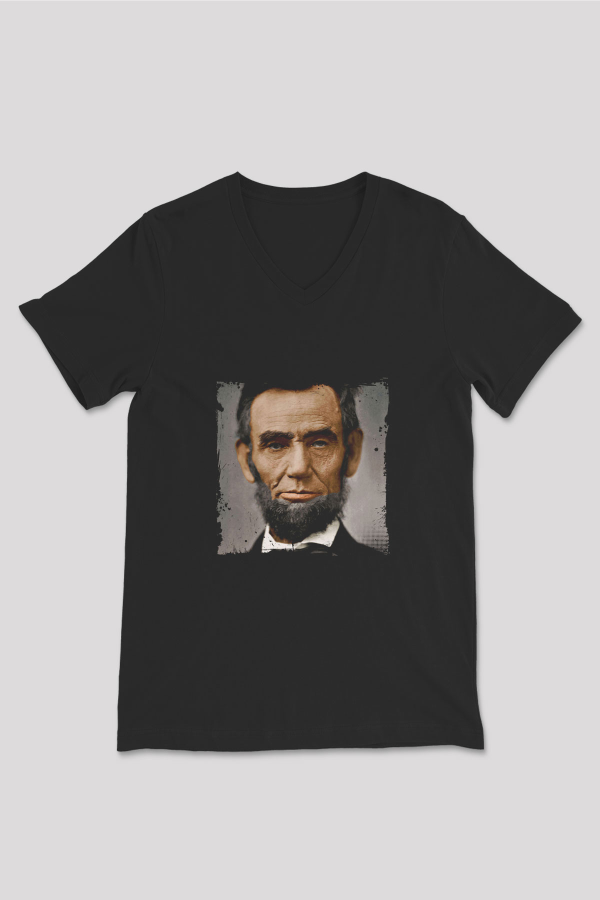 Abraham Lincoln Baskılı Unisex Siyah V Yaka Tişört