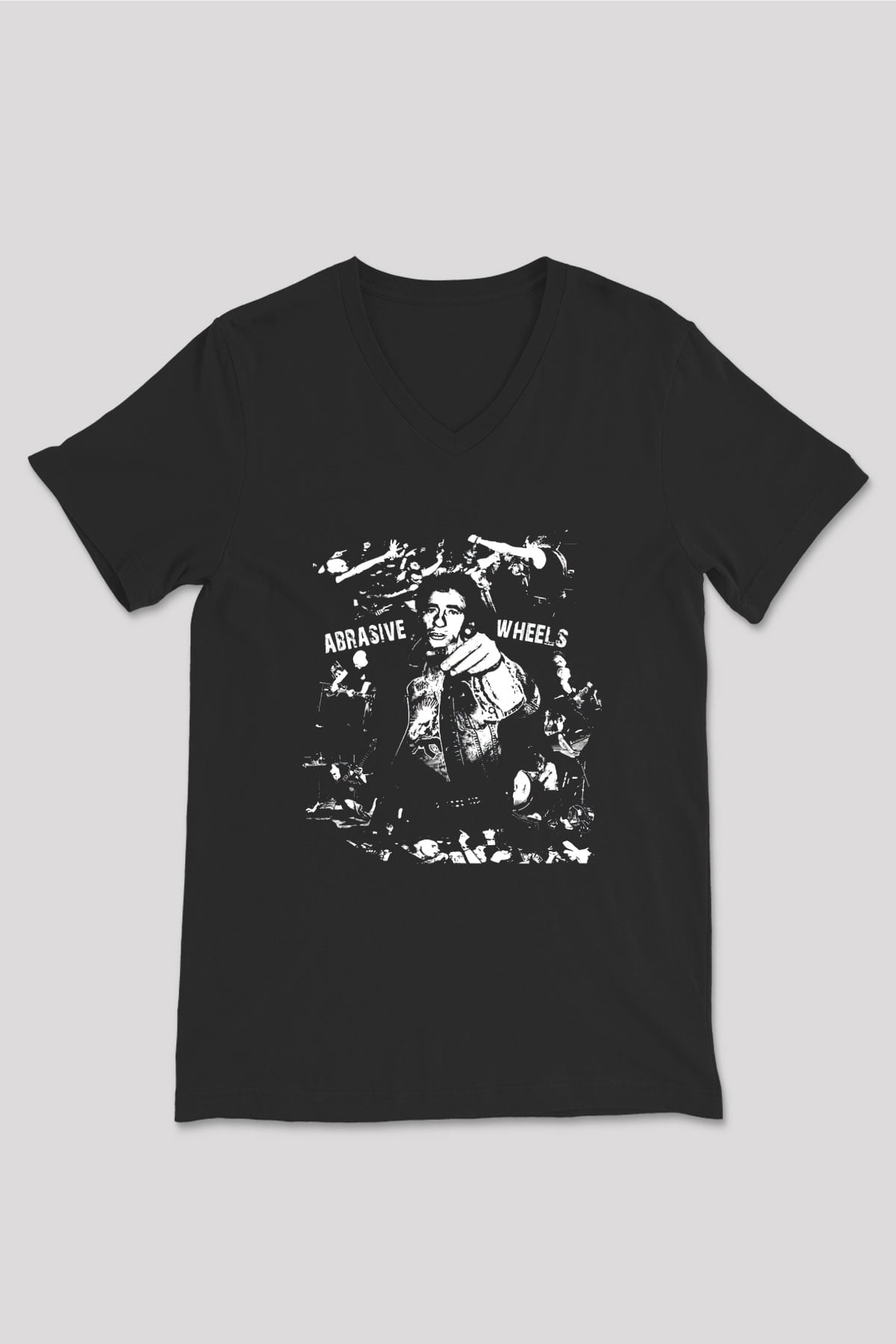 Abrasive Wheels Baskılı Unisex Siyah V Yaka Tişört - Tshirt