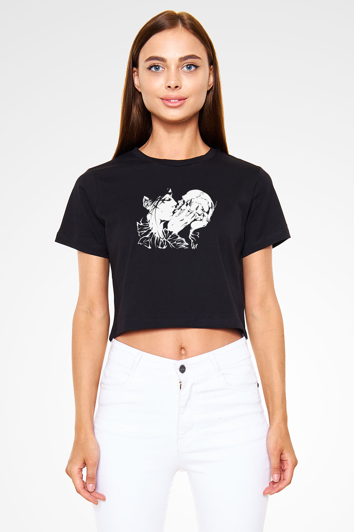 Abruptum Baskılı Siyah Crop Top Kadın Tişört - Tshirt
