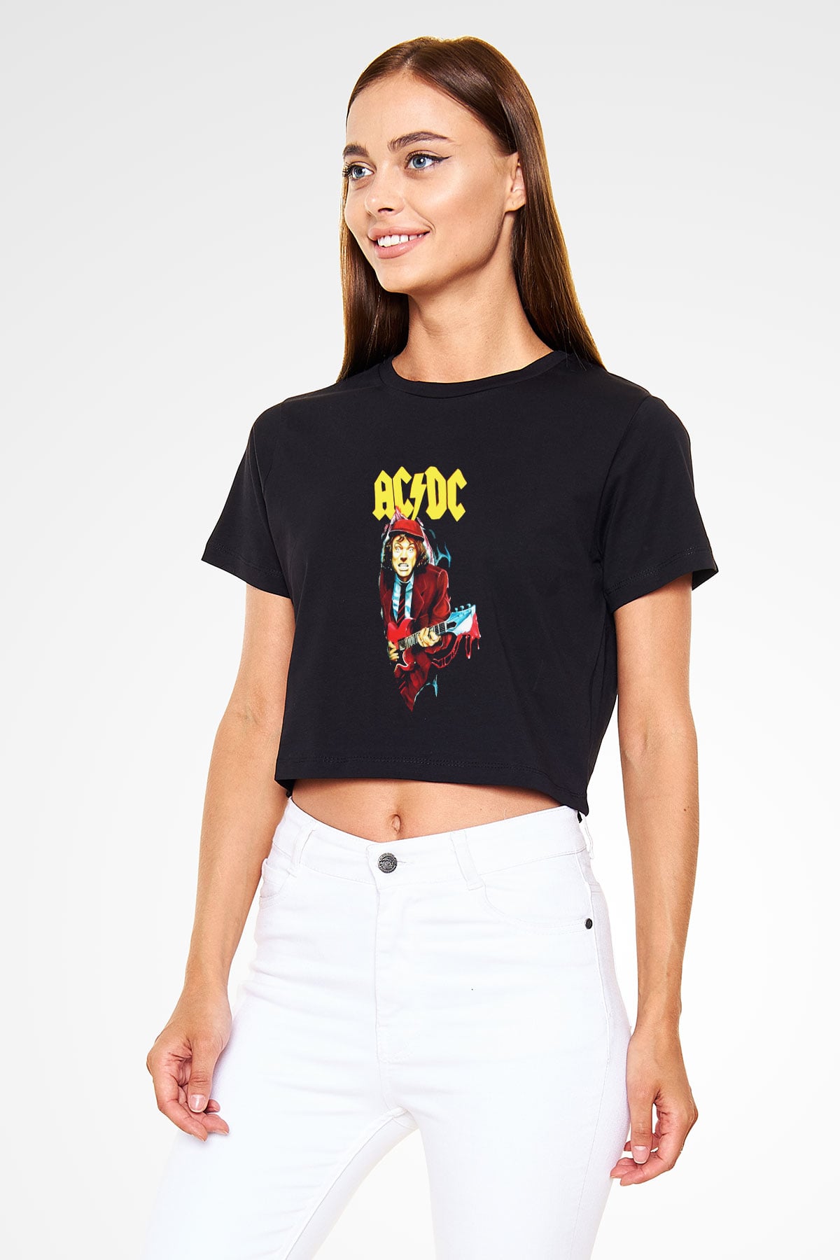 AC DC Angus Young Siyah Crop Top Tişört