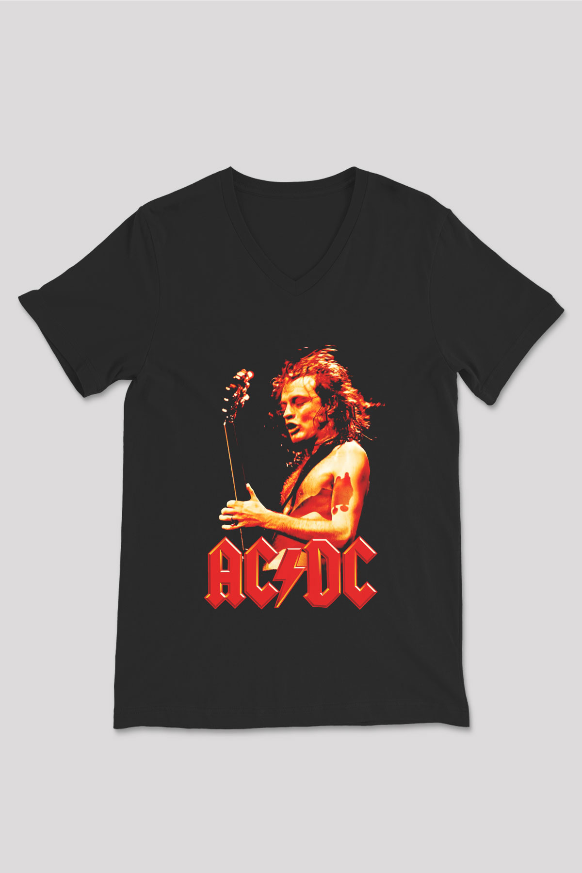AC DC Angus Young Siyah Unisex V Yaka Tişört T-Shirt