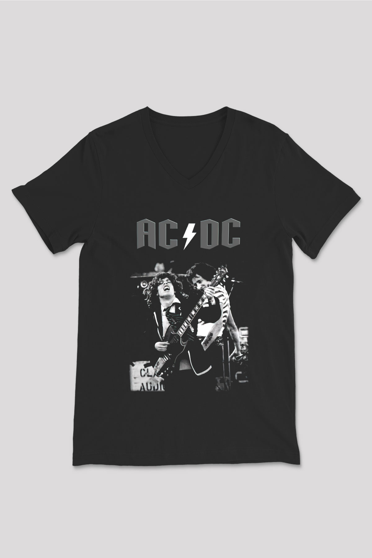 AC DC Angus Young Siyah Unisex V Yaka Tişört T-Shirt
