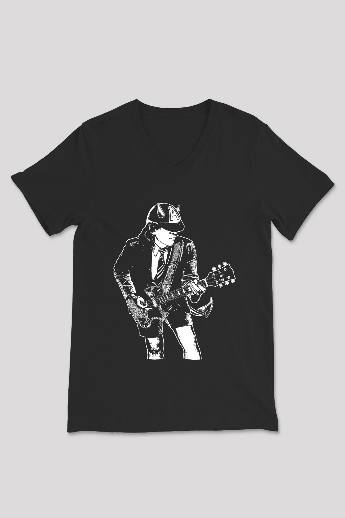 AC DC Angus Young Siyah Unisex V Yaka Tişört T-Shirt