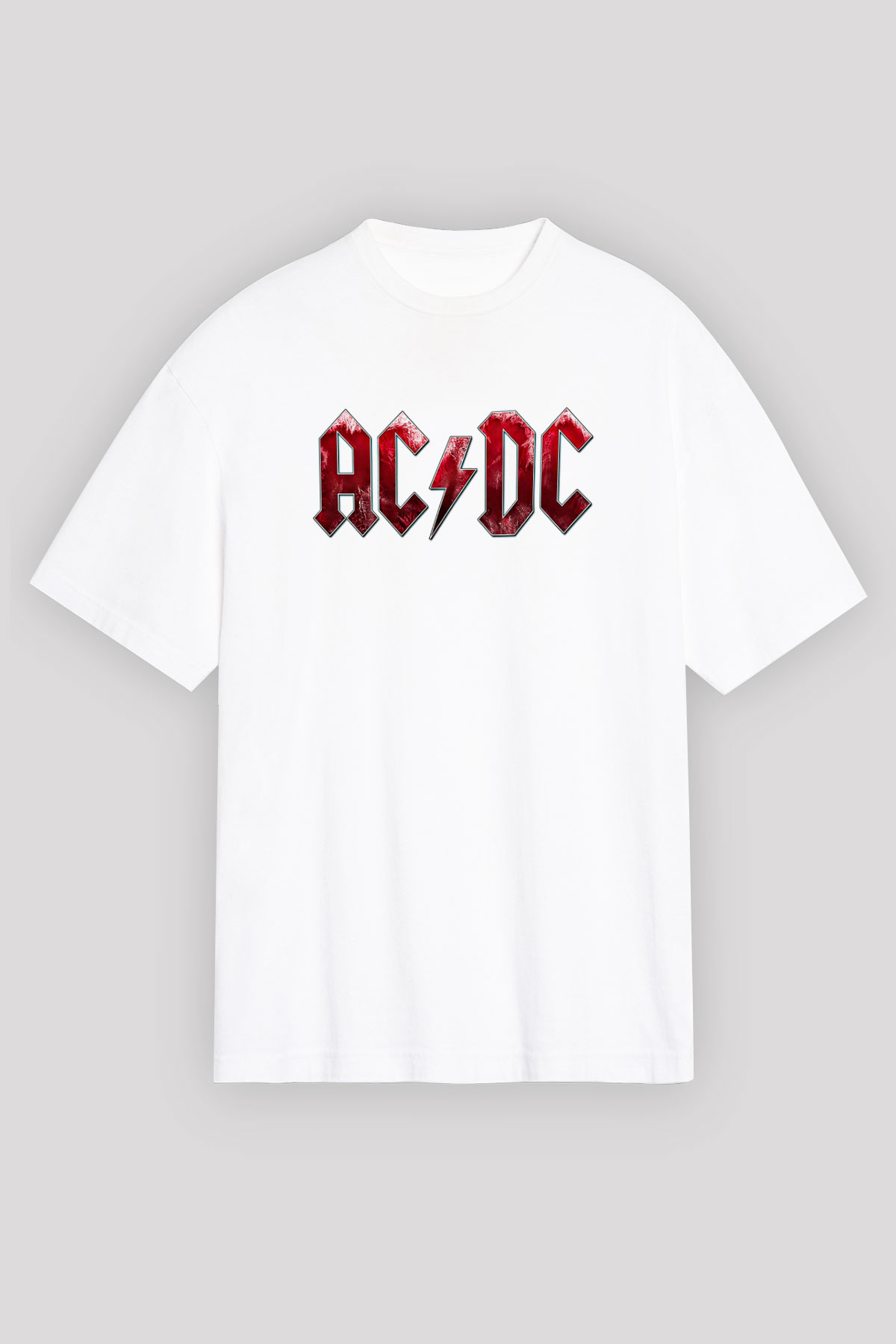 ACDC Baskılı Unisex Beyaz Oversize Tişört