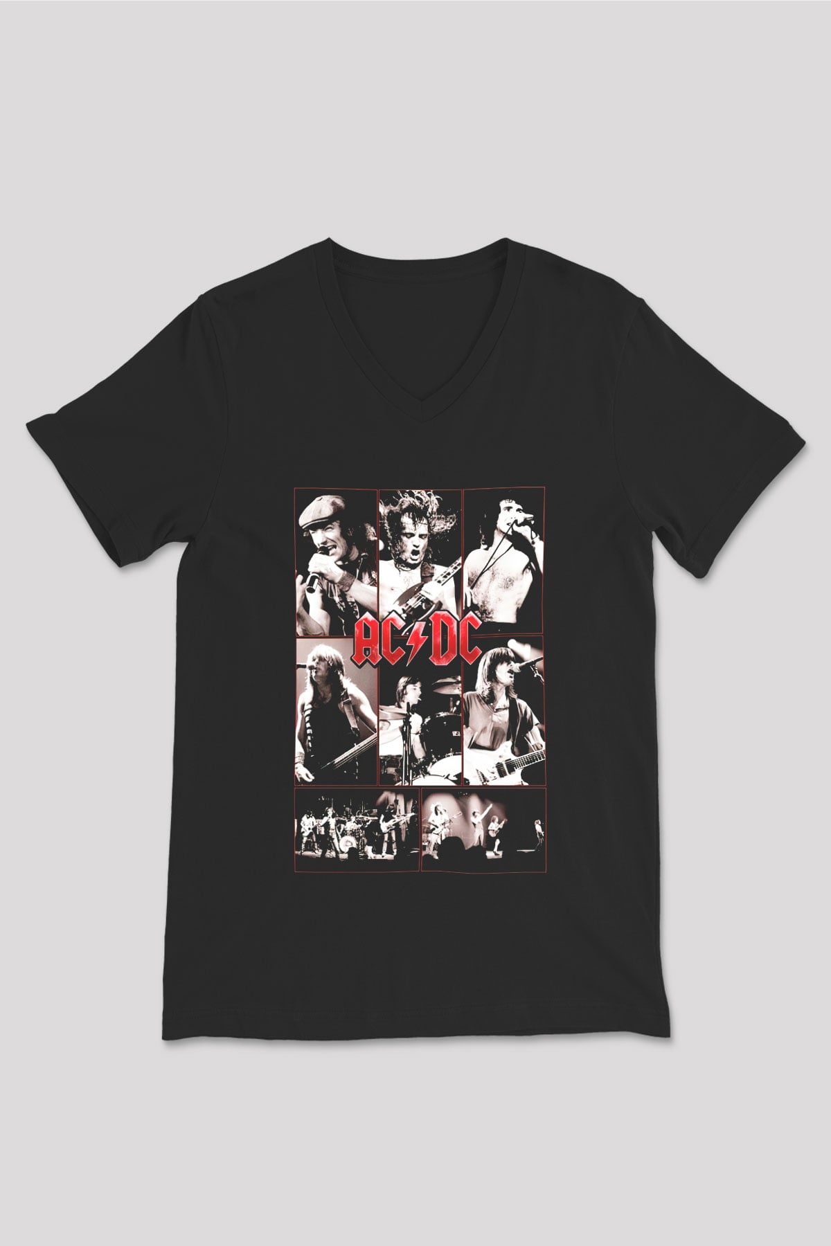 AC DC Brian Johnson Angus Young Siyah Unisex V Yaka Tişört T-Shirt