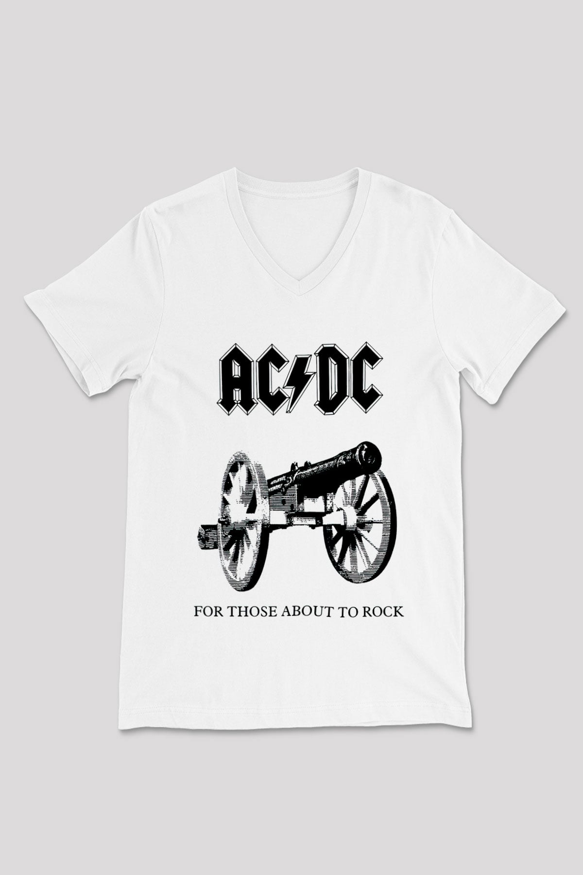 AC DC For Those About To Rock Beyaz Unisex V Yaka Tişört T-Shirt