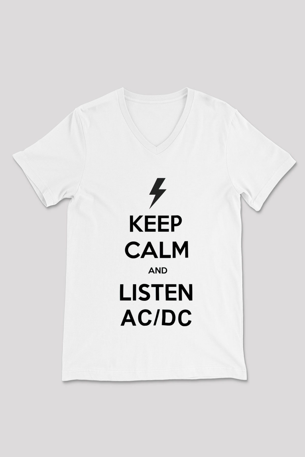 AC DC Keep Calm And Listen Beyaz Unisex V Yaka Tişört T-Shirt