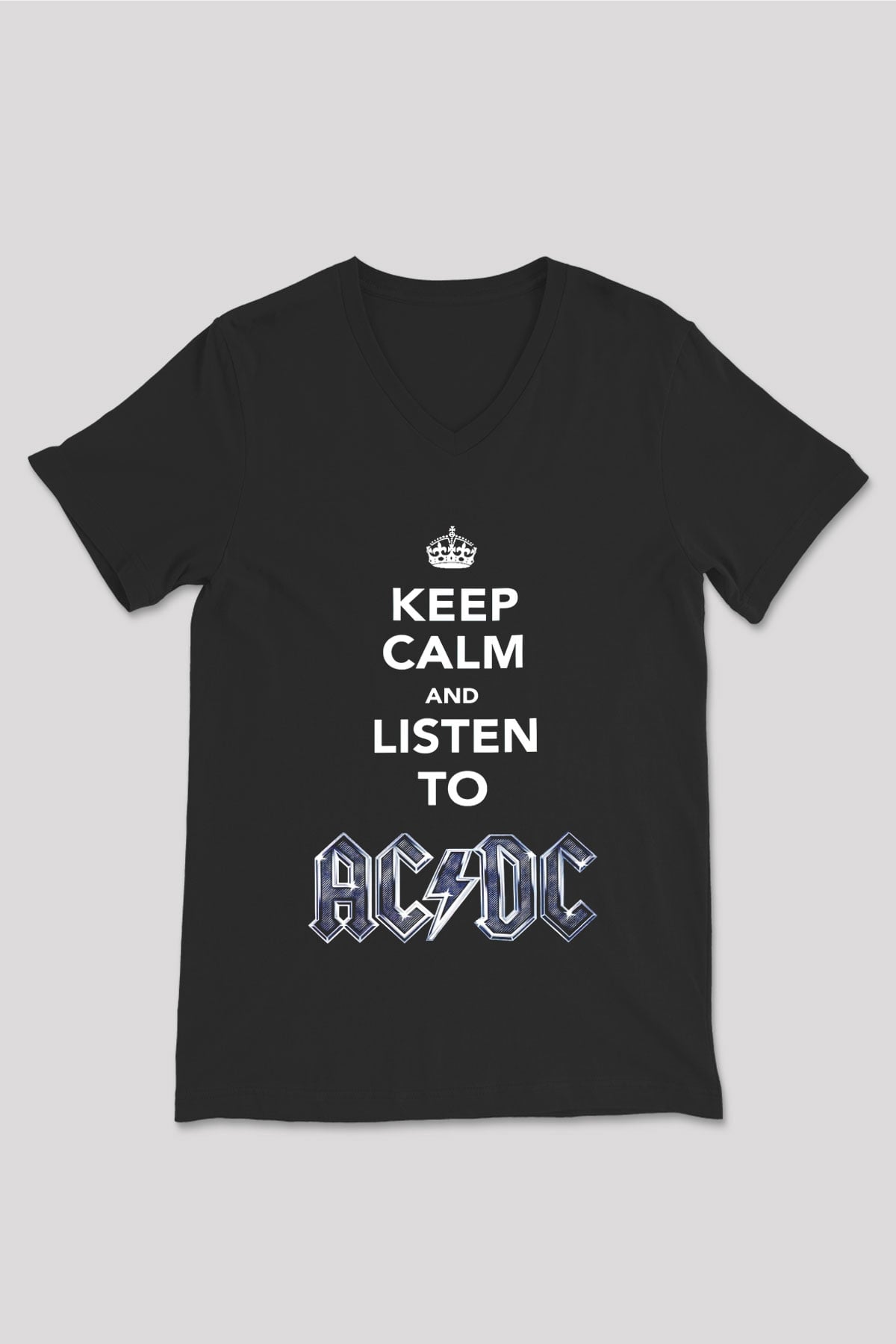 AC DC Keep Calm And Listen To Ac Dc Siyah Unisex V Yaka Tişört T-Shirt