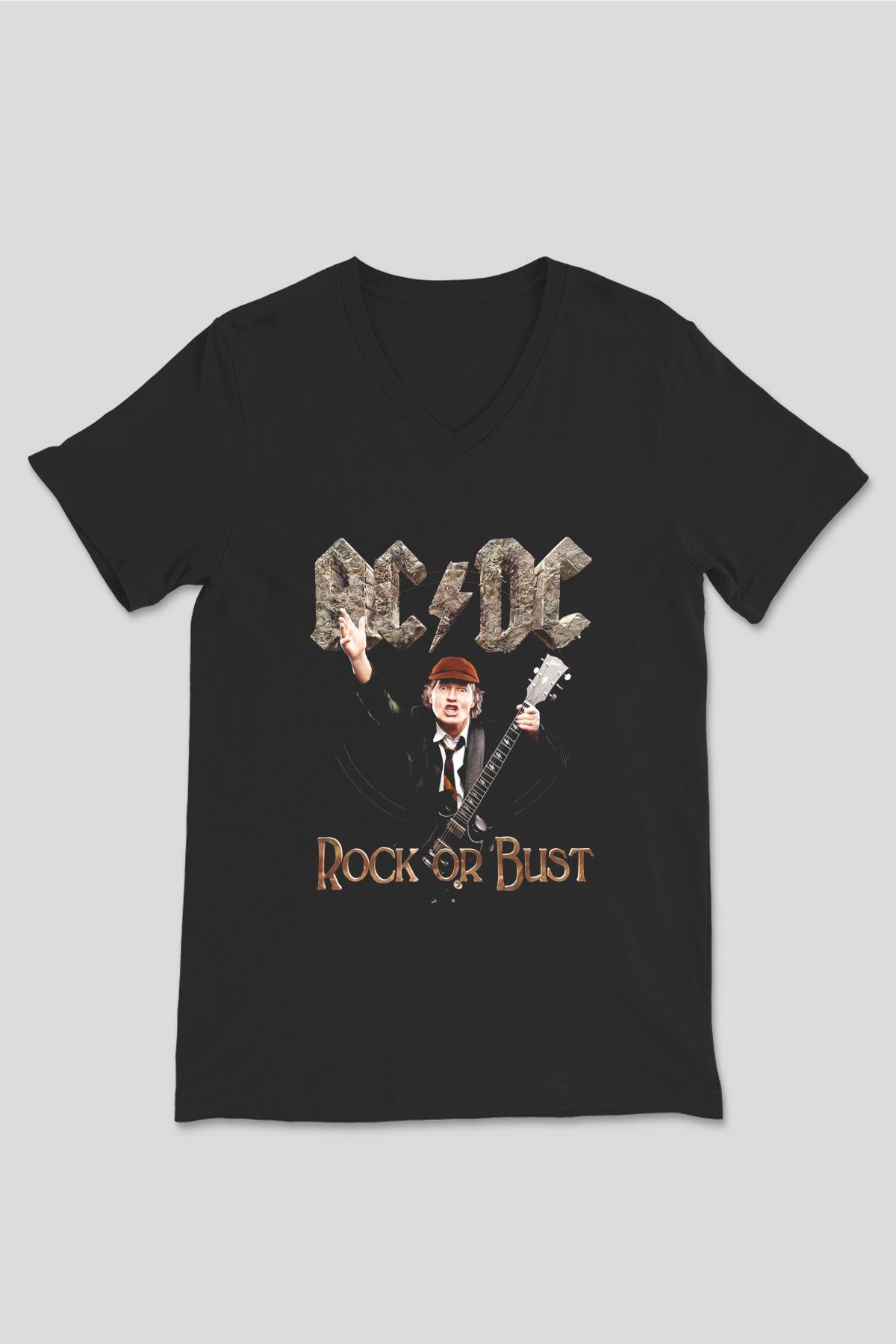 AC DC Rock Or Bust Siyah Unisex V Yaka Tişört T-Shirt