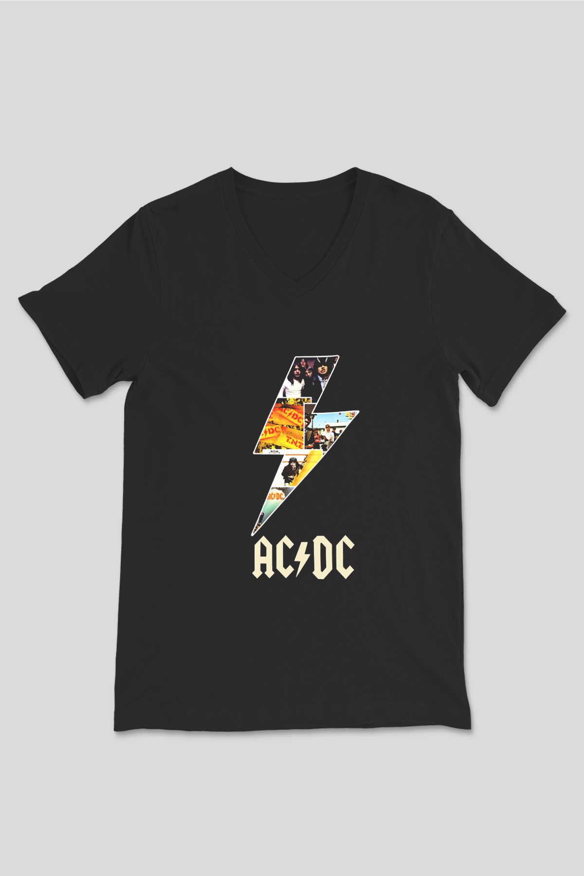 AC DC Thunderbolt Siyah Unisex V Yaka Tişört T-Shirt