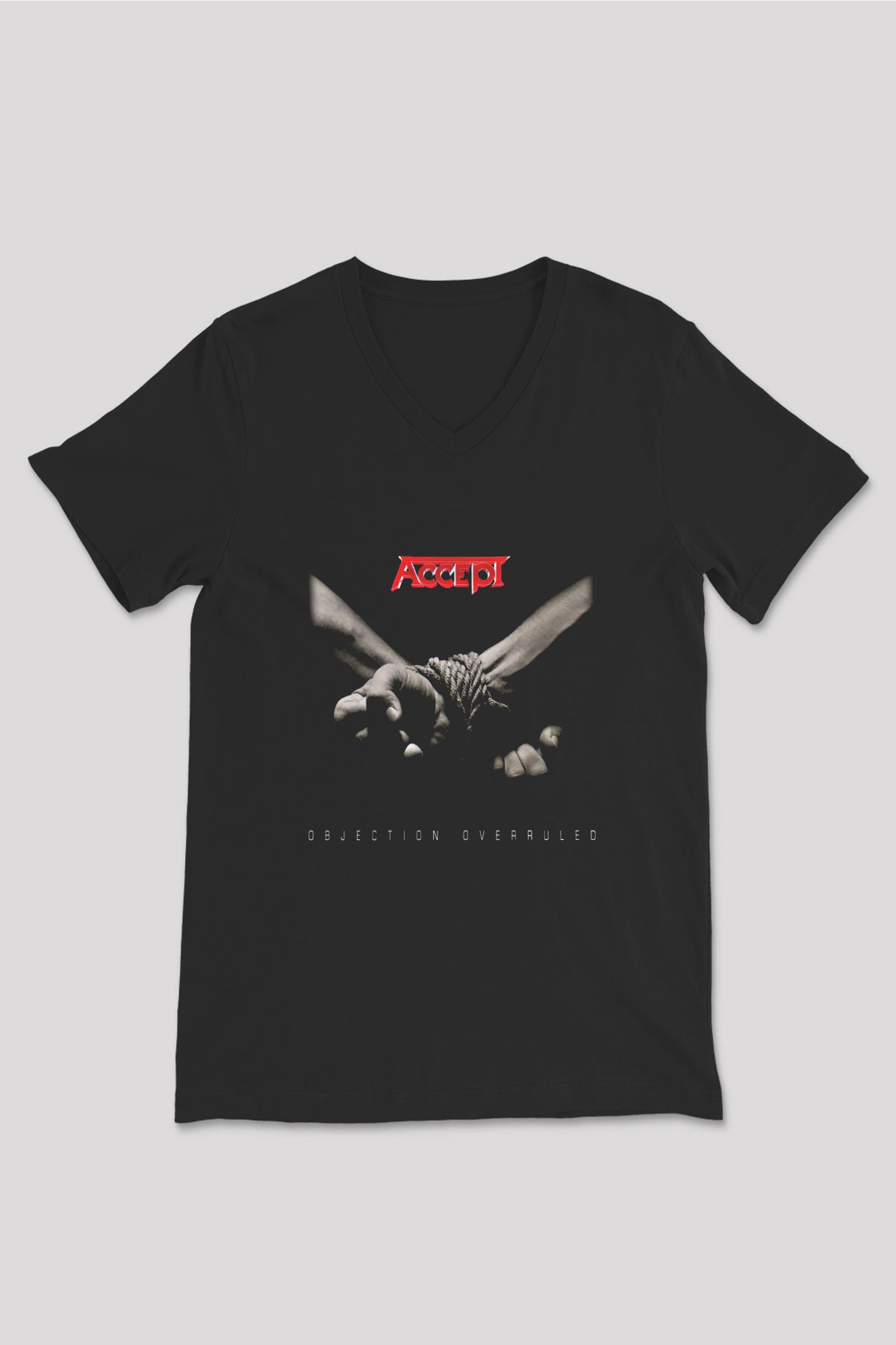 Accept Baskılı Unisex Siyah V Yaka Tişört