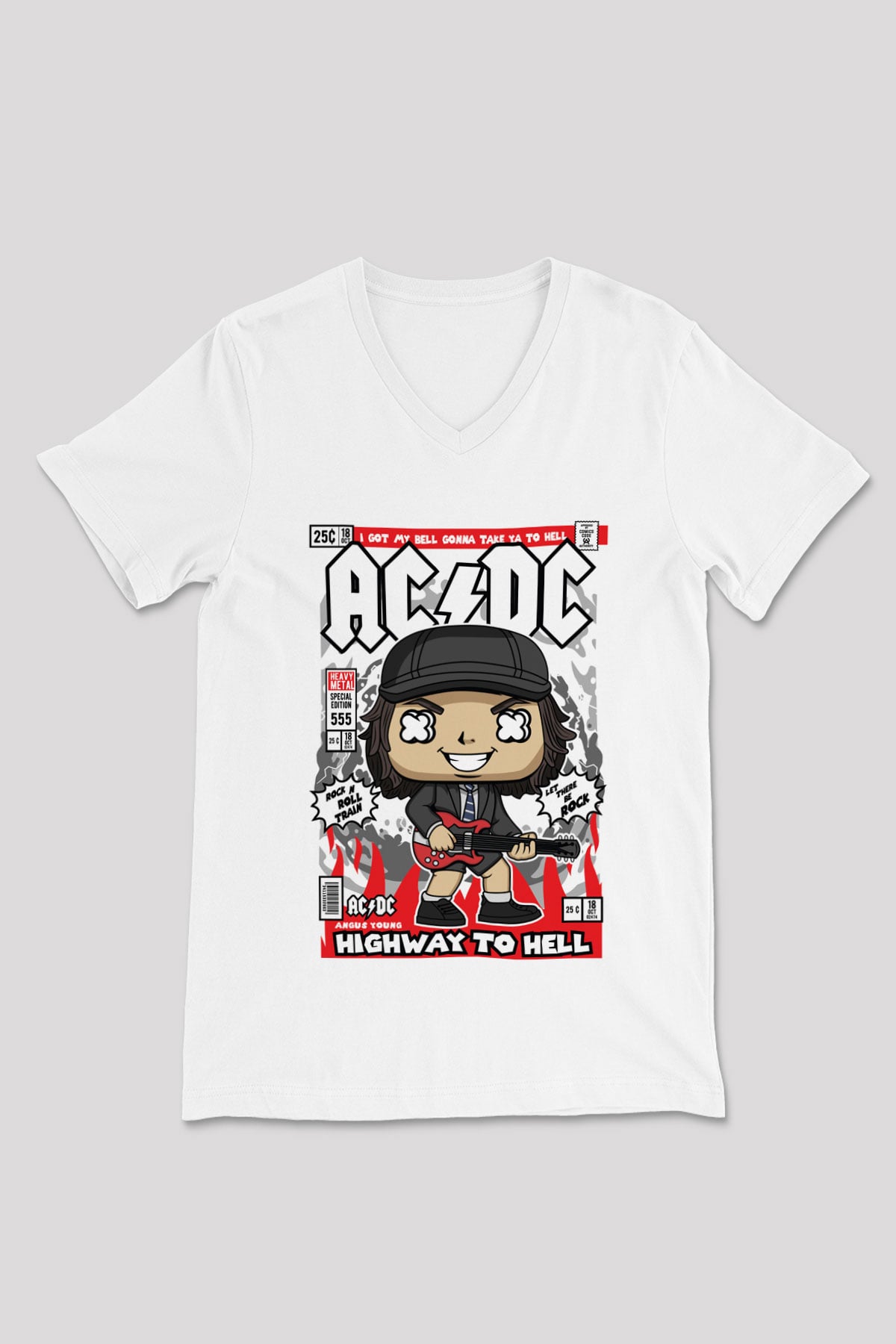 ACDC Baskılı Unisex Beyaz V Yaka Tişört