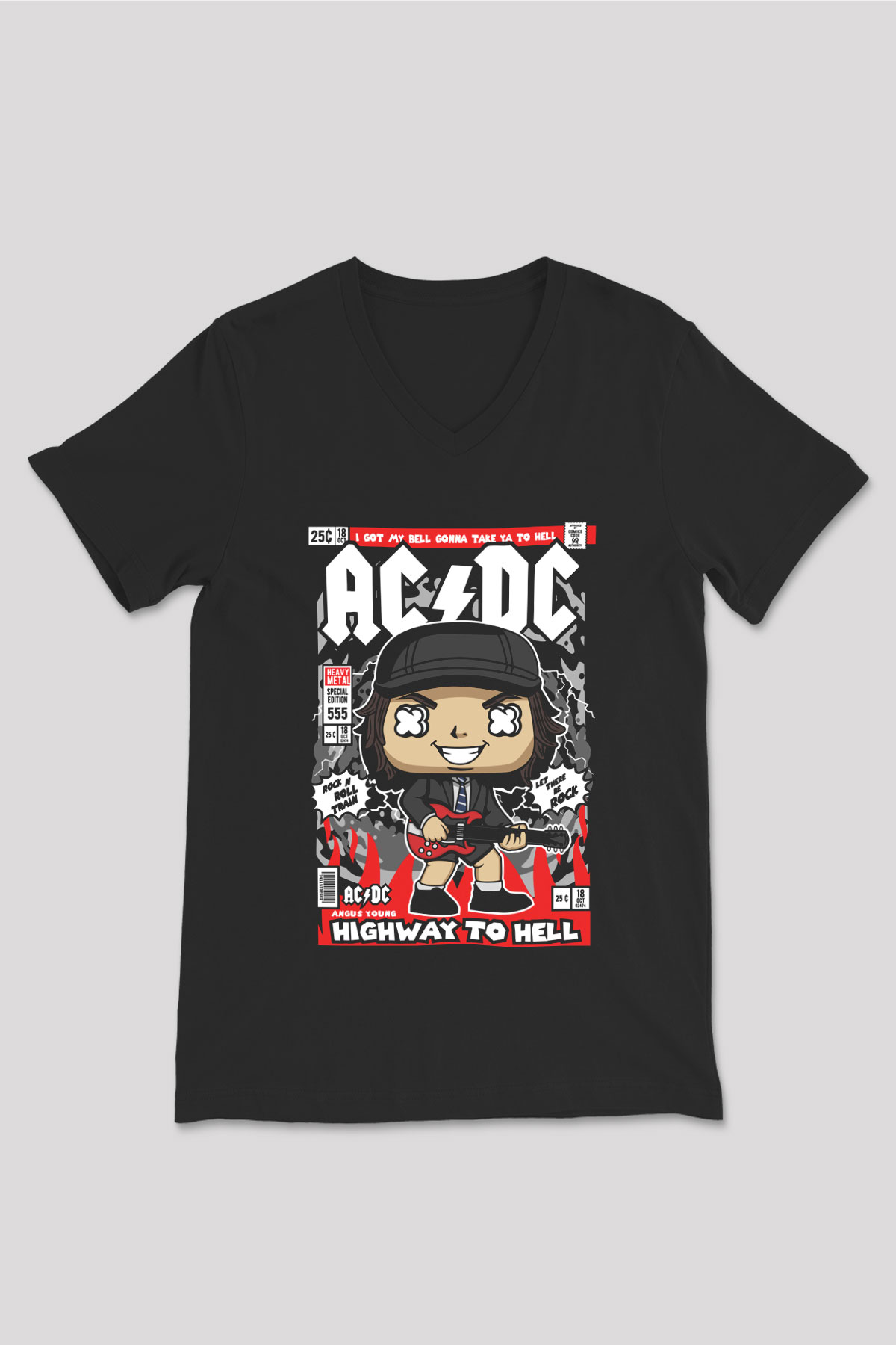 ACDC Baskılı Unisex Siyah V Yaka Tişört