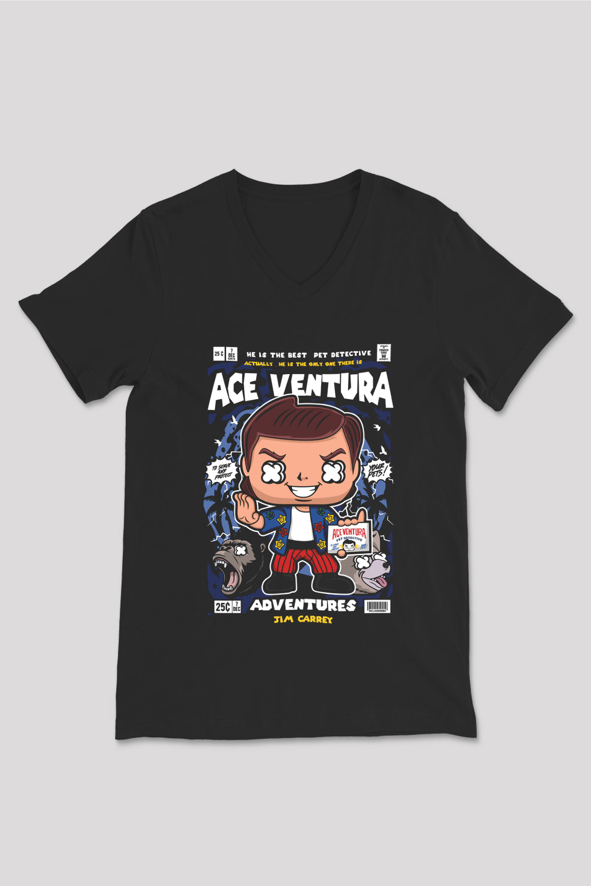 Ace Ventura Baskılı Unisex Siyah V Yaka Tişört