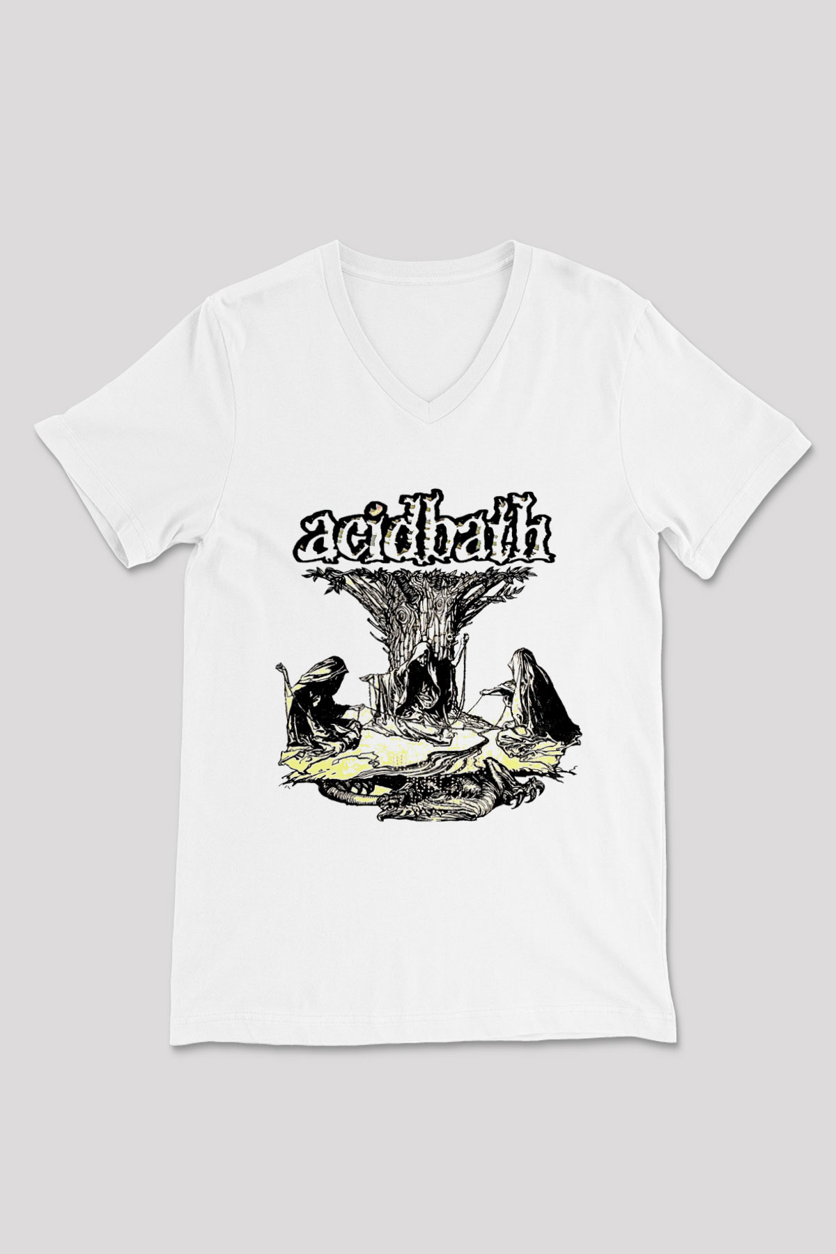 Acid Bath Baskılı Beyaz Unisex V Yaka Tişört - Tshirt