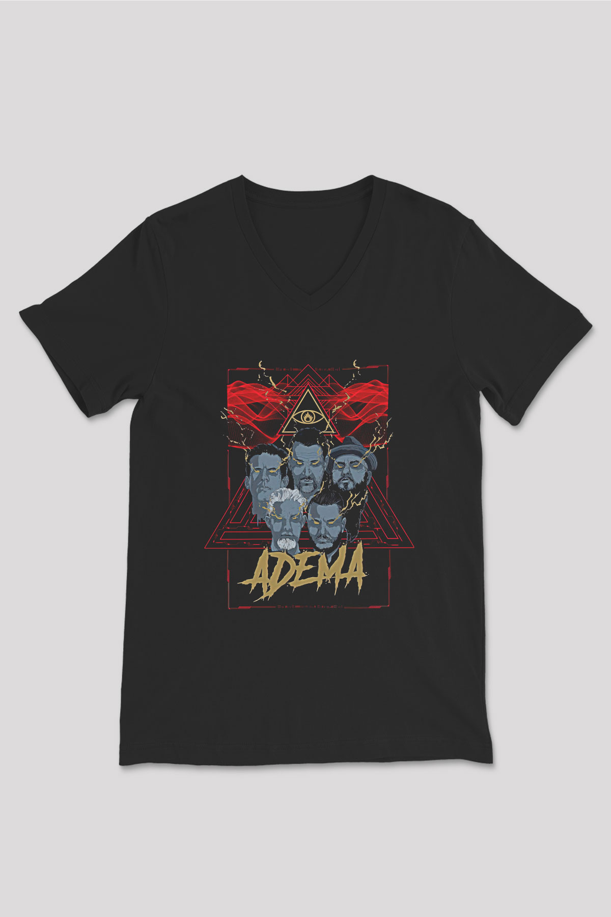 Adema Baskılı Unisex Siyah V Yaka Tişört - Tshirt