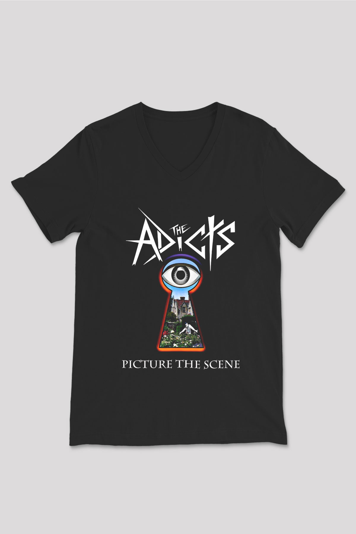 Adicts Baskılı Unisex Siyah V Yaka Tişört