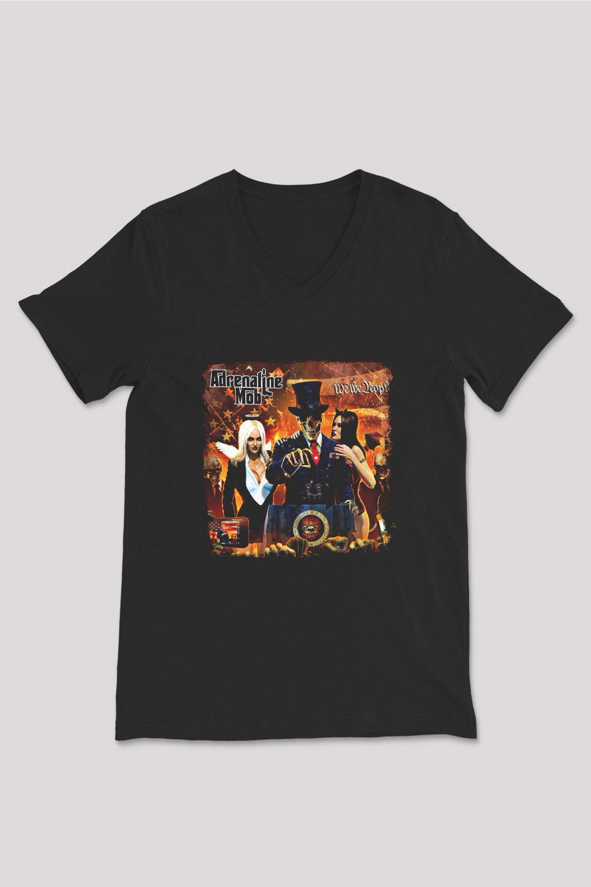 Adrenaline Mob Baskılı Unisex Siyah V Yaka Tişört