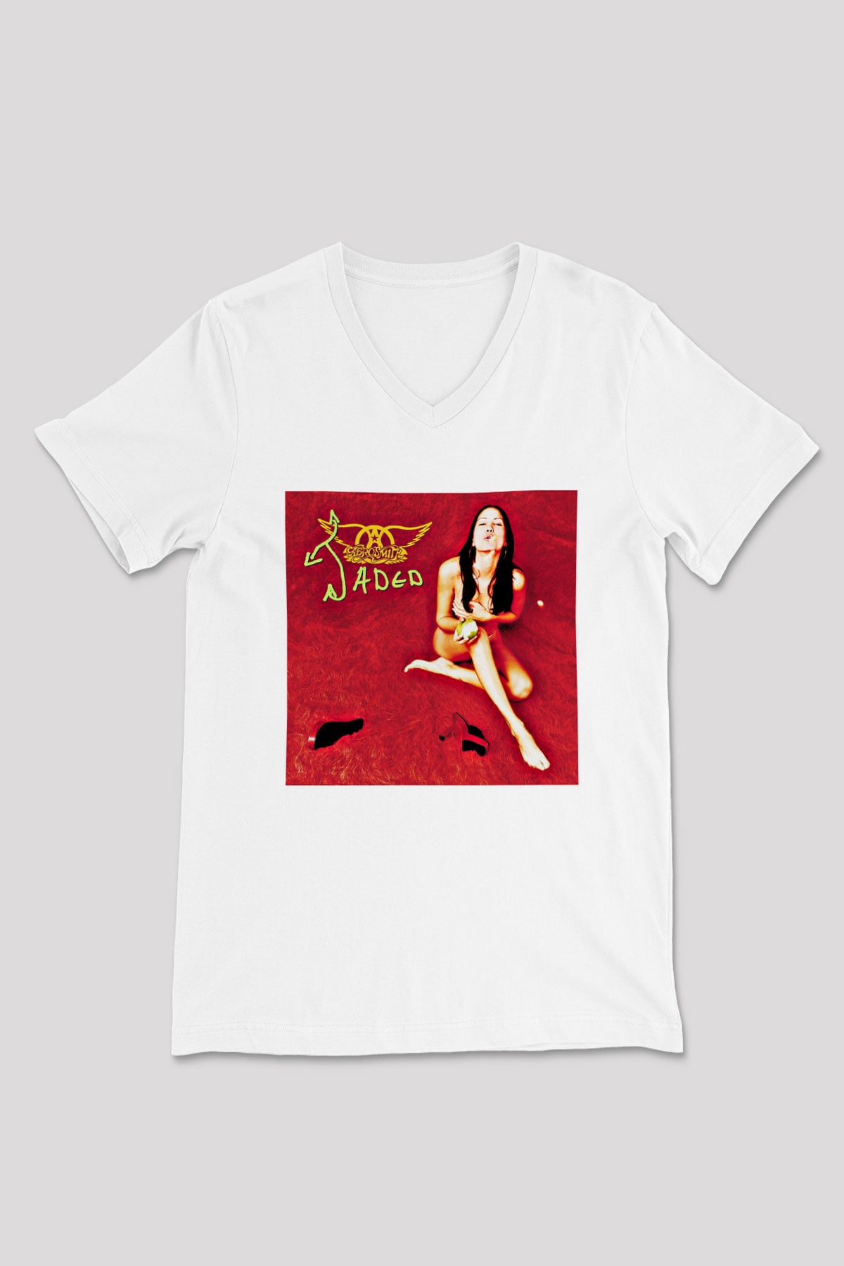 Aerosmith Baskılı Unisex Beyaz V Yaka Tişört