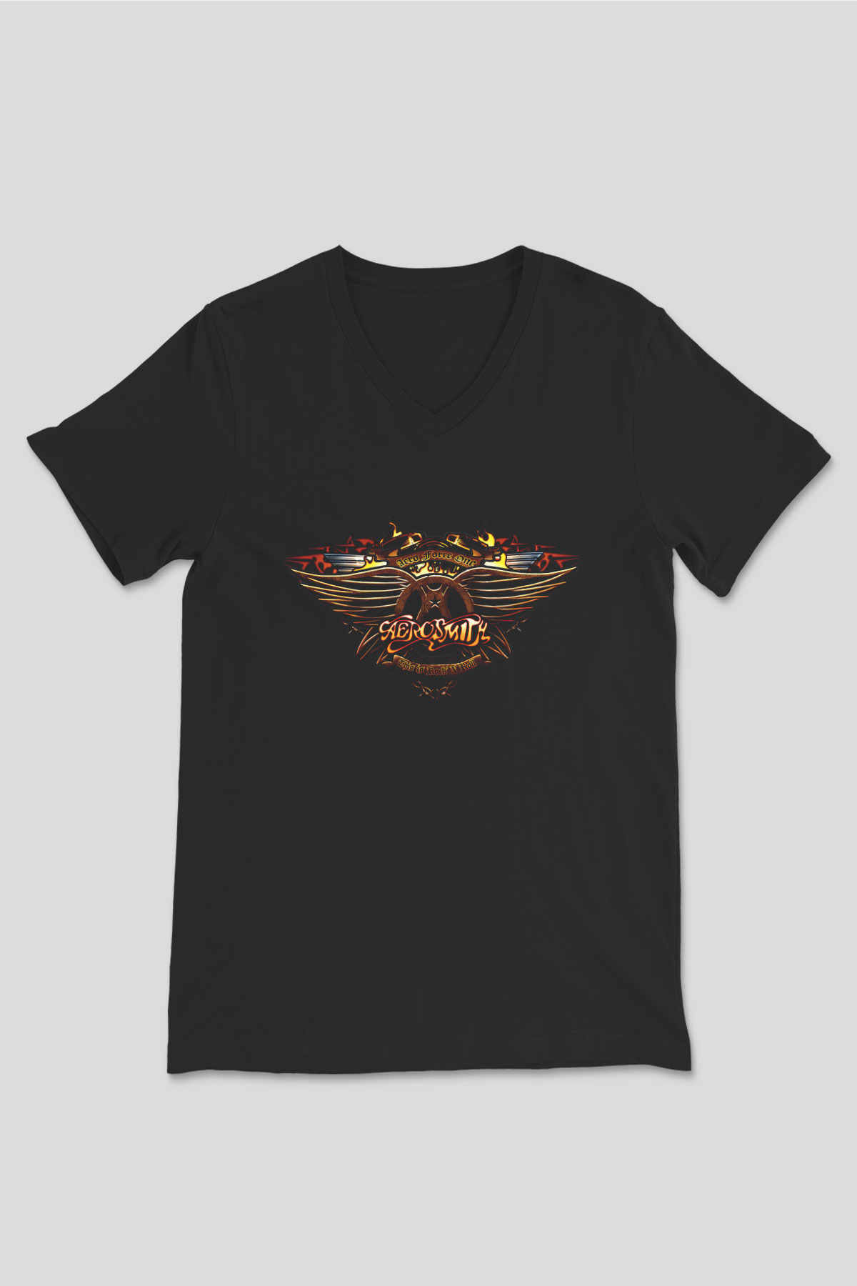 Aerosmith Siyah Unisex V Yaka Tişört T-Shirt