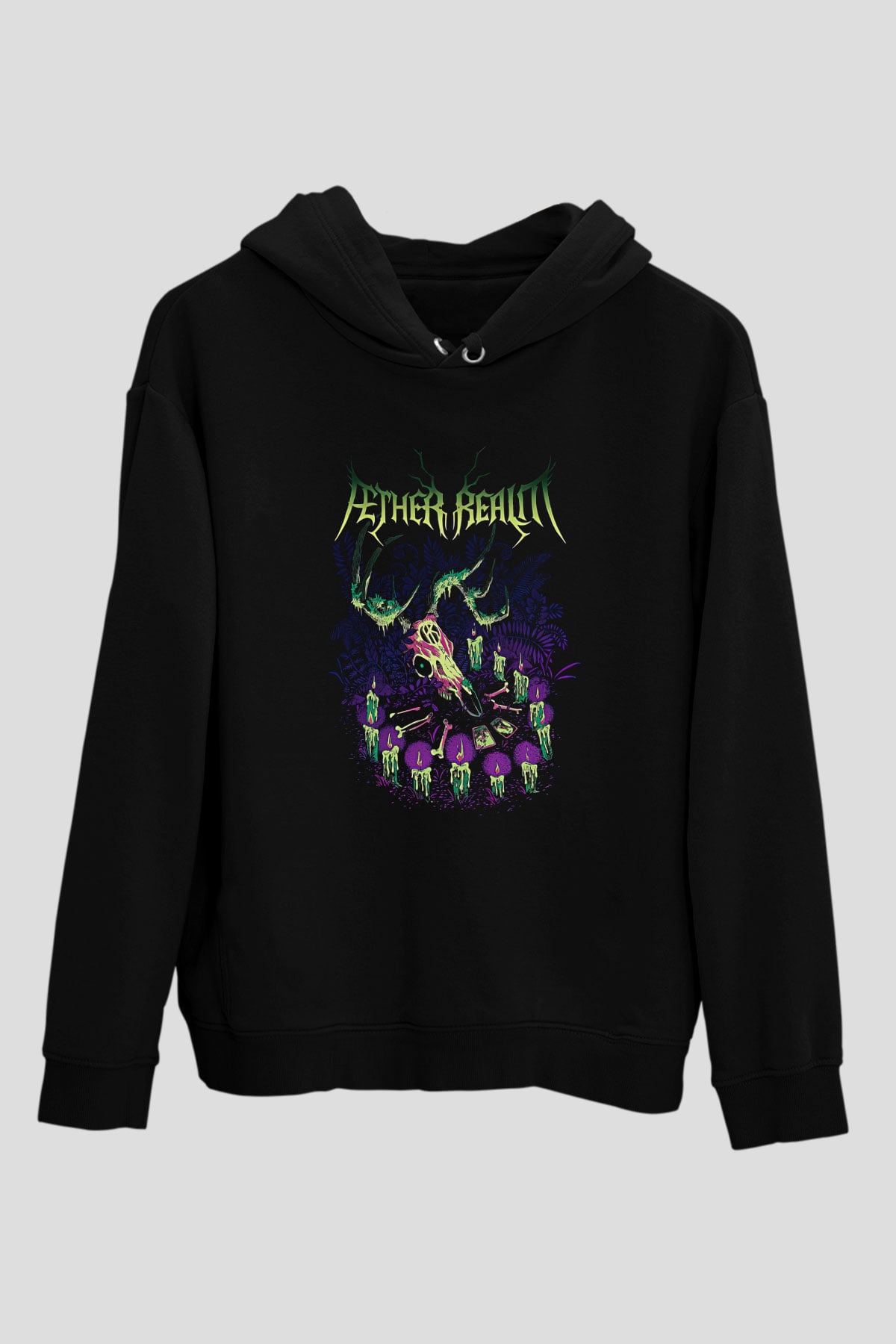 Aether Realm Baskılı Unisex Siyah Kapüşonlu Sweatshirt