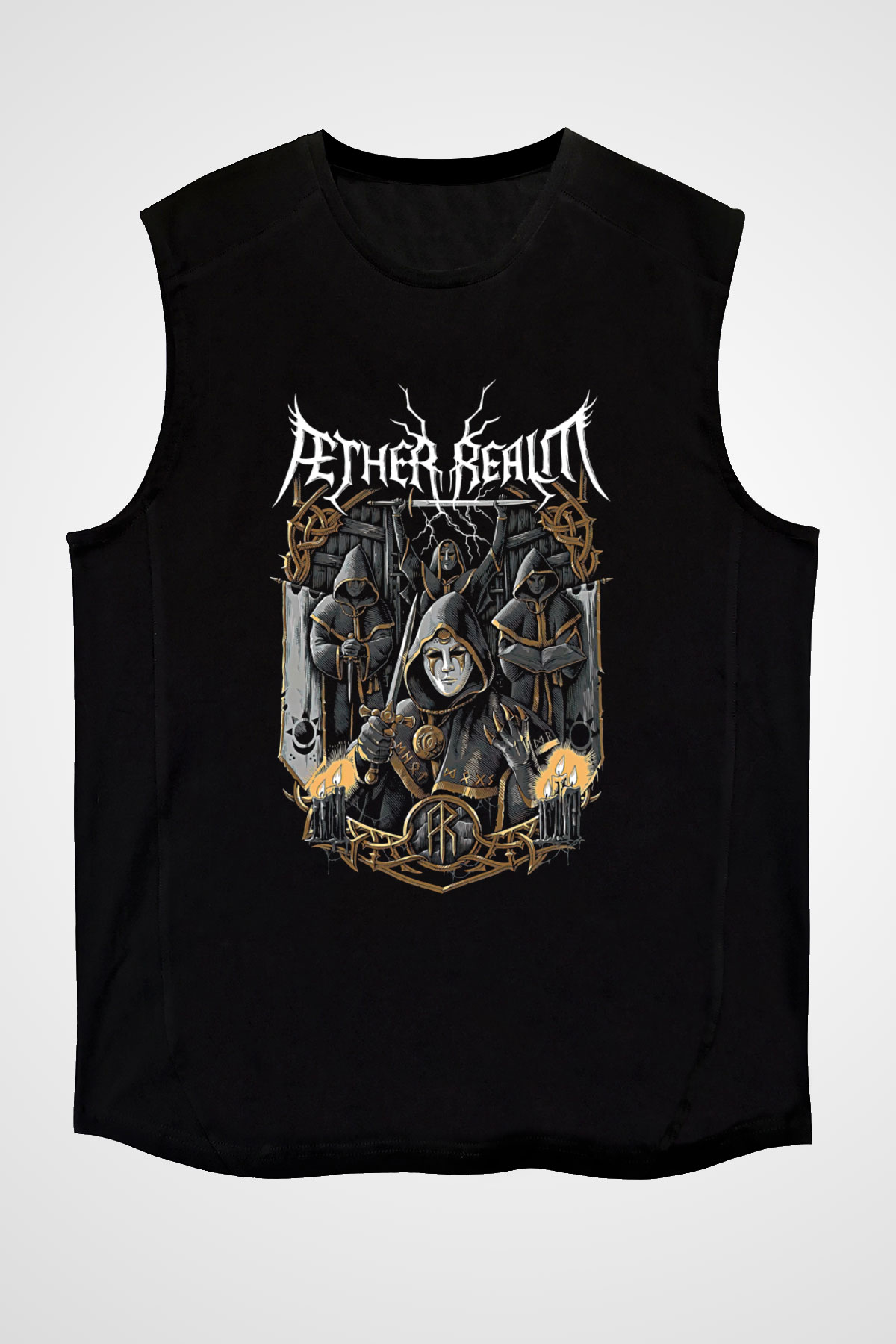 Aether Realm Baskılı Unisex Siyah Kolsuz Tişört - Tshirt