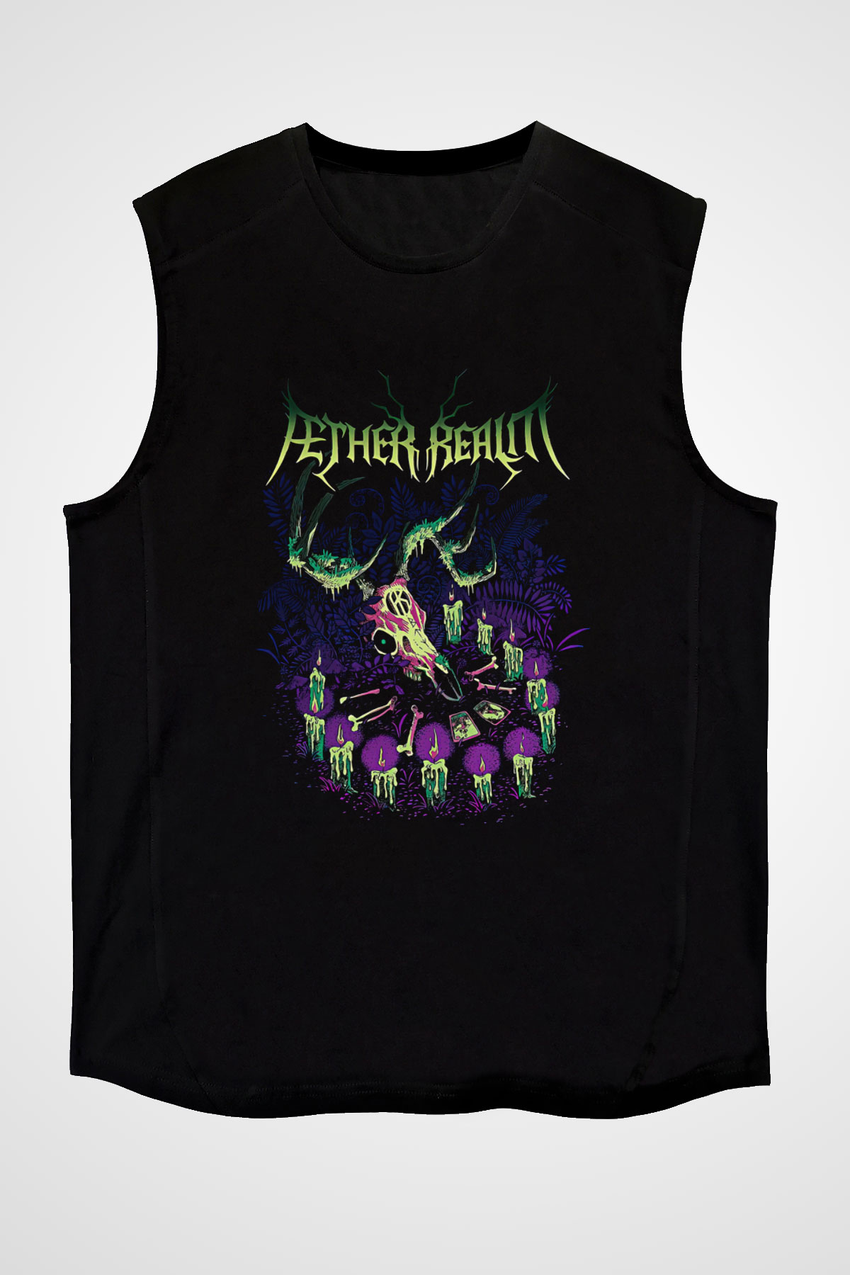 Aether Realm Baskılı Unisex Siyah Kolsuz Tişört - Tshirt