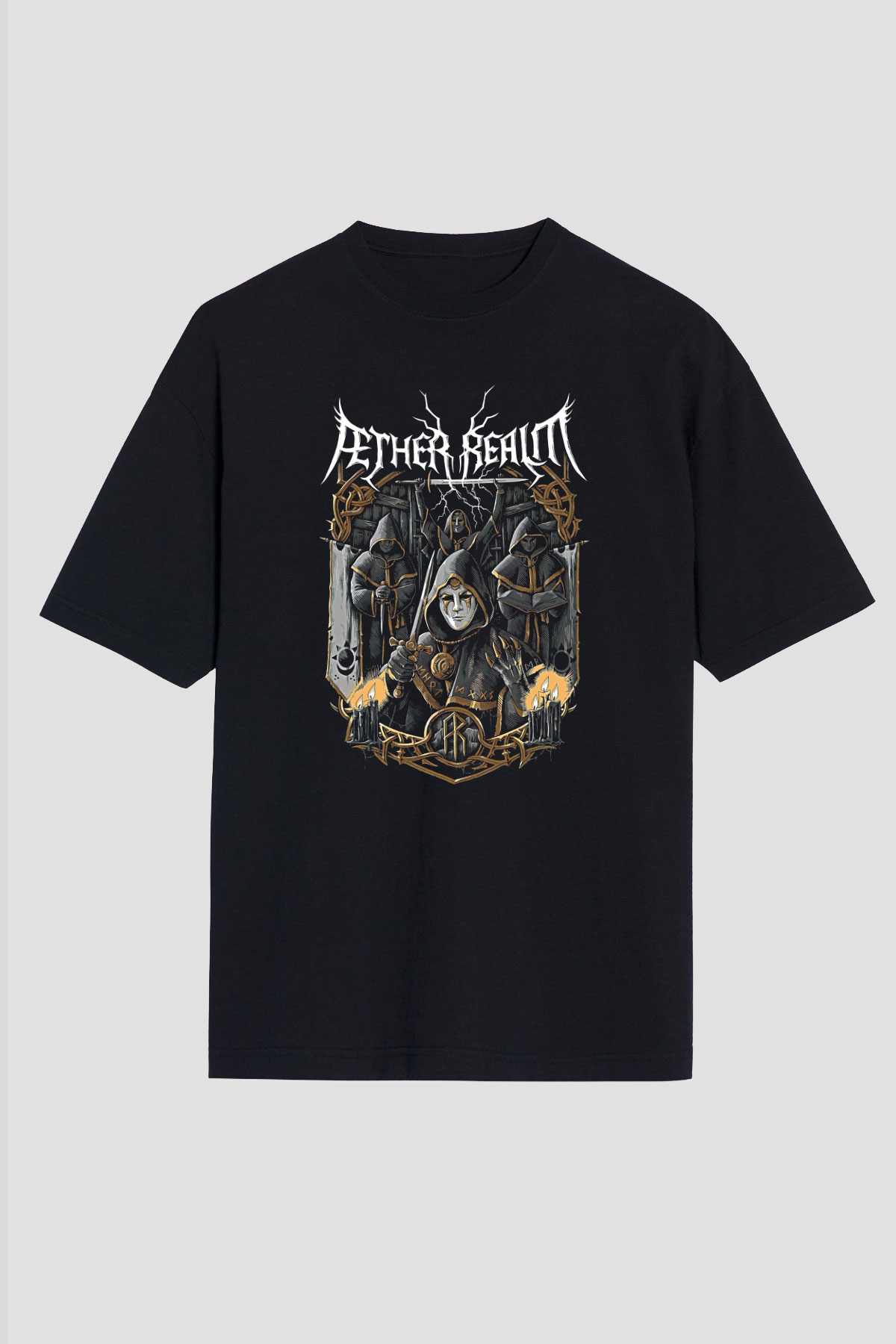 Aether Realm Baskılı Unisex Siyah Oversize Tişört - Tshirt