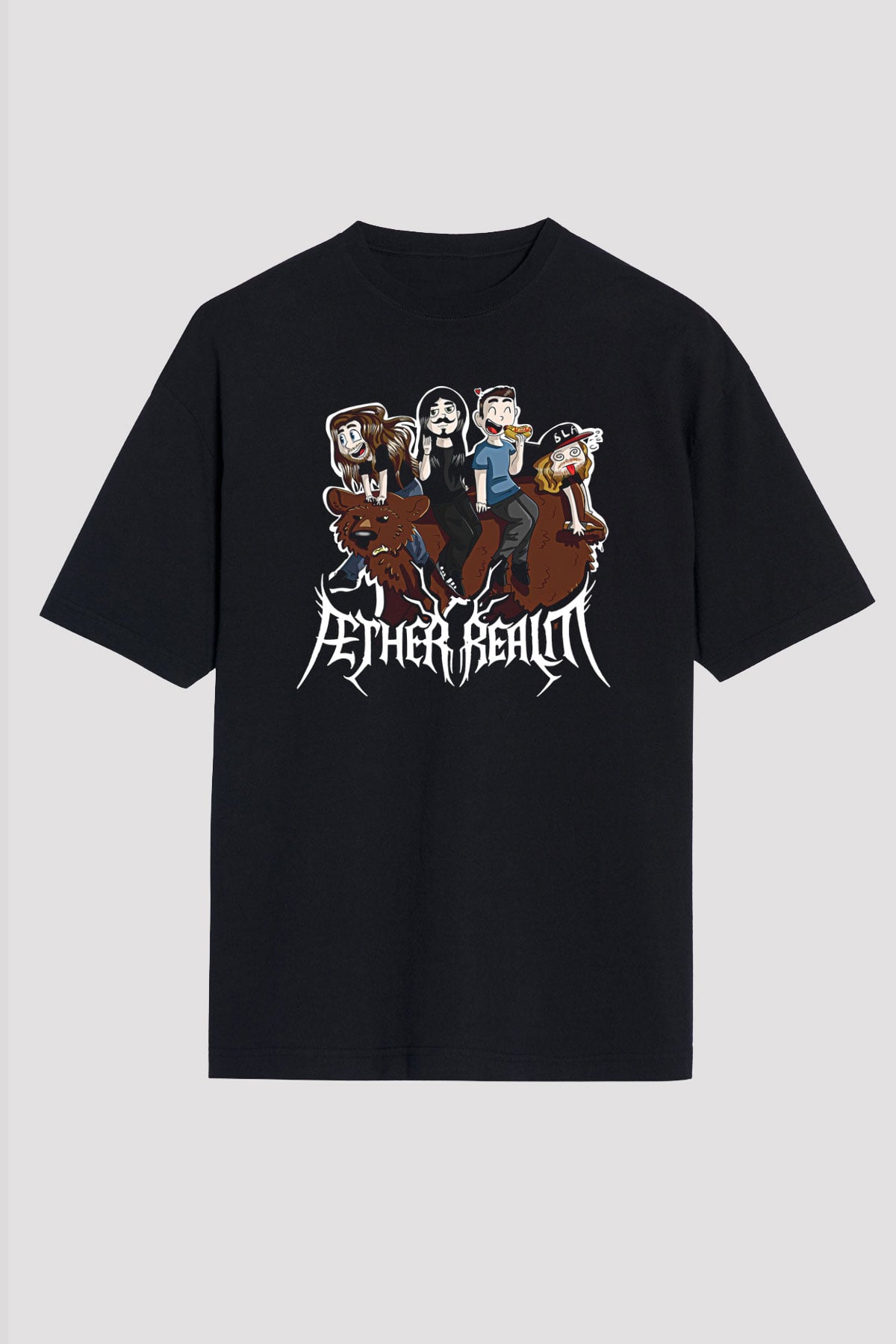 Aether Realm Baskılı Unisex Siyah Oversize Tişört - Tshirt