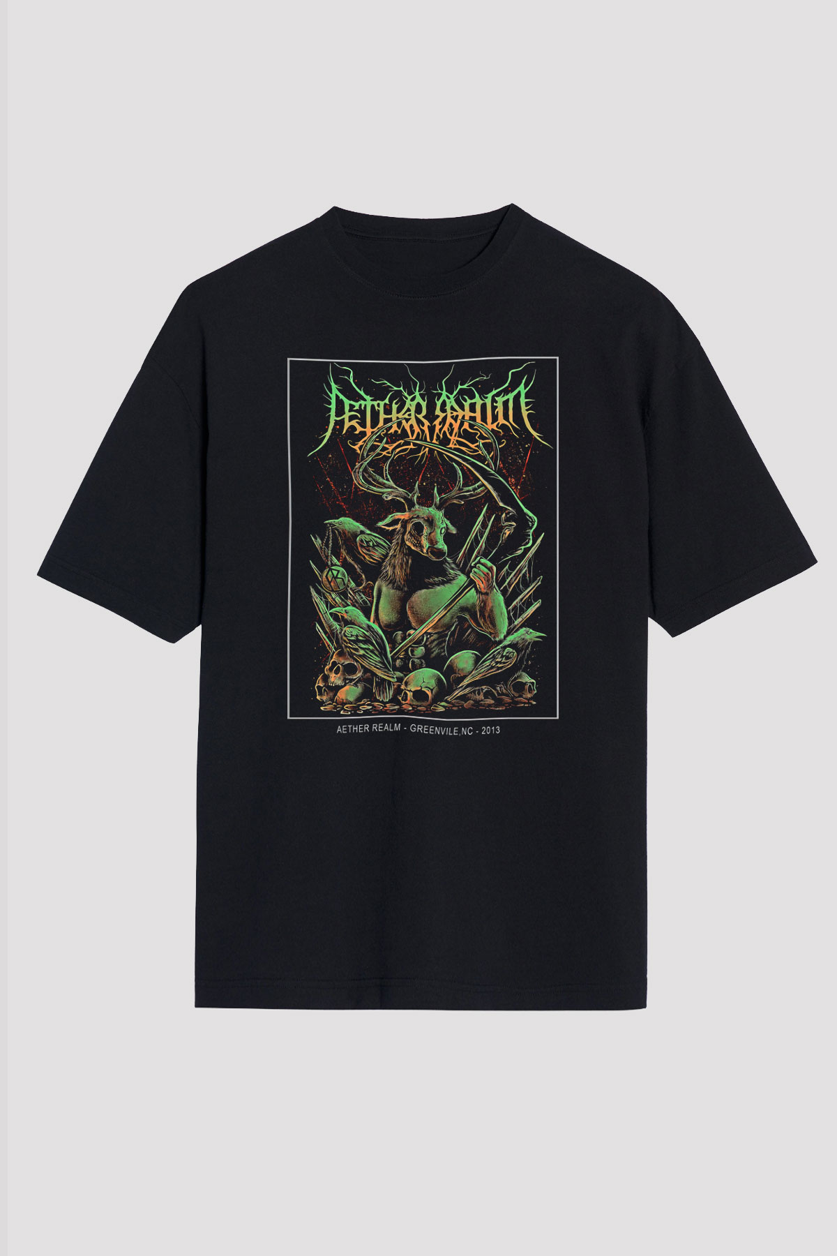 Aether Realm Baskılı Unisex Siyah Oversize Tişört - Tshirt