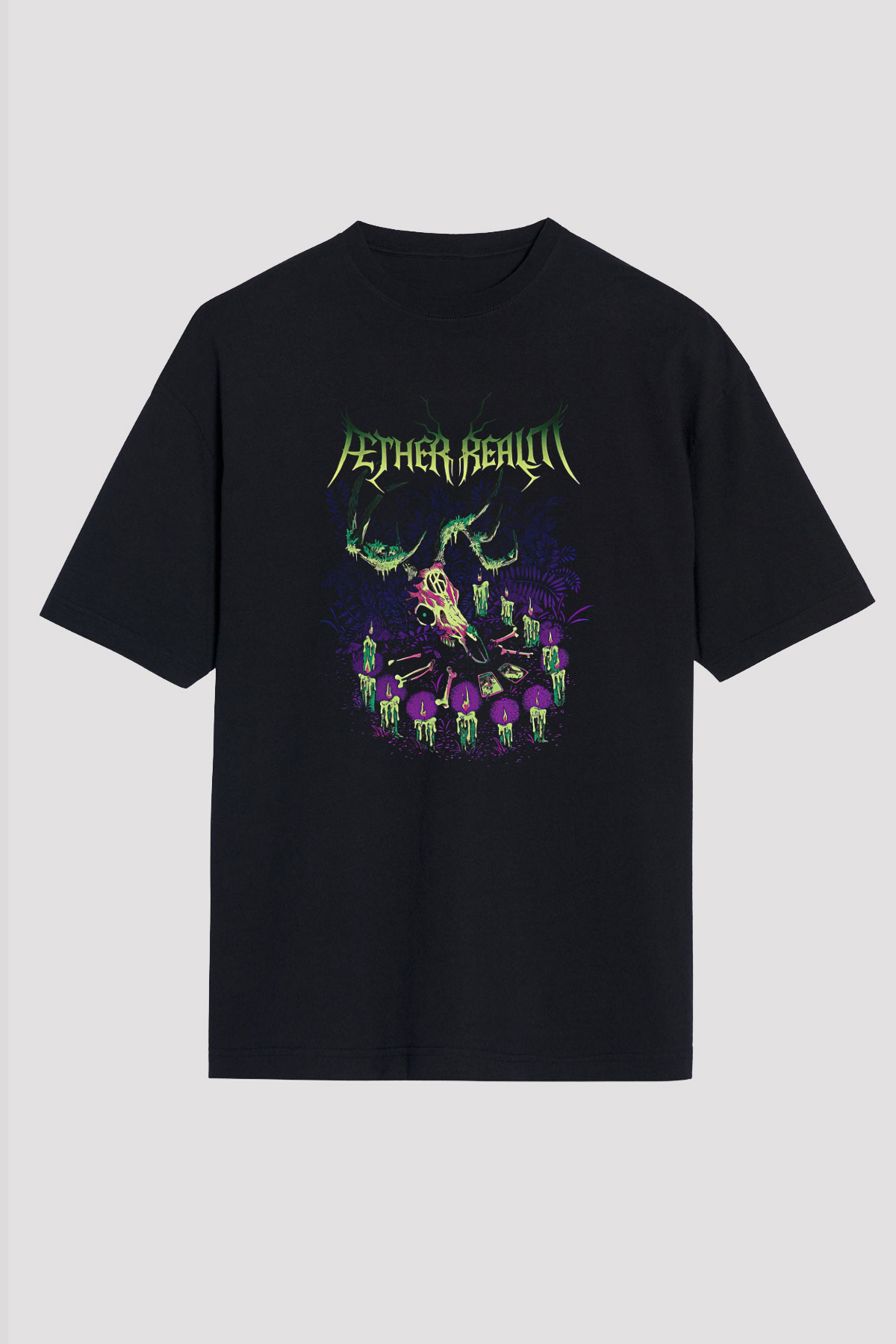 Aether Realm Baskılı Unisex Siyah Oversize Tişört - Tshirt
