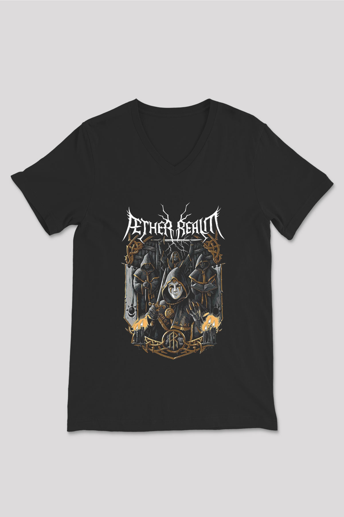 Aether Realm Baskılı Unisex Siyah V Yaka Tişört - Tshirt