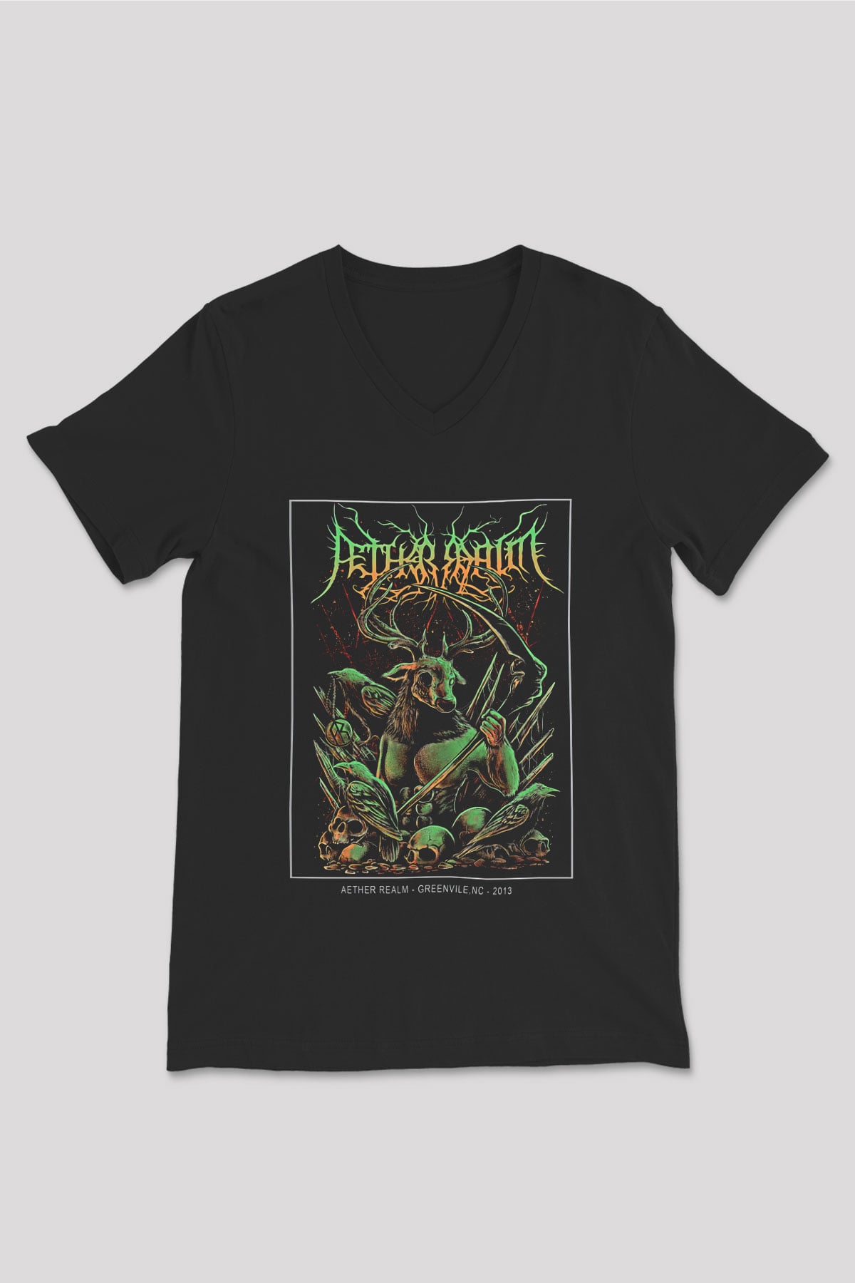 Aether Realm Baskılı Unisex Siyah V Yaka Tişört - Tshirt