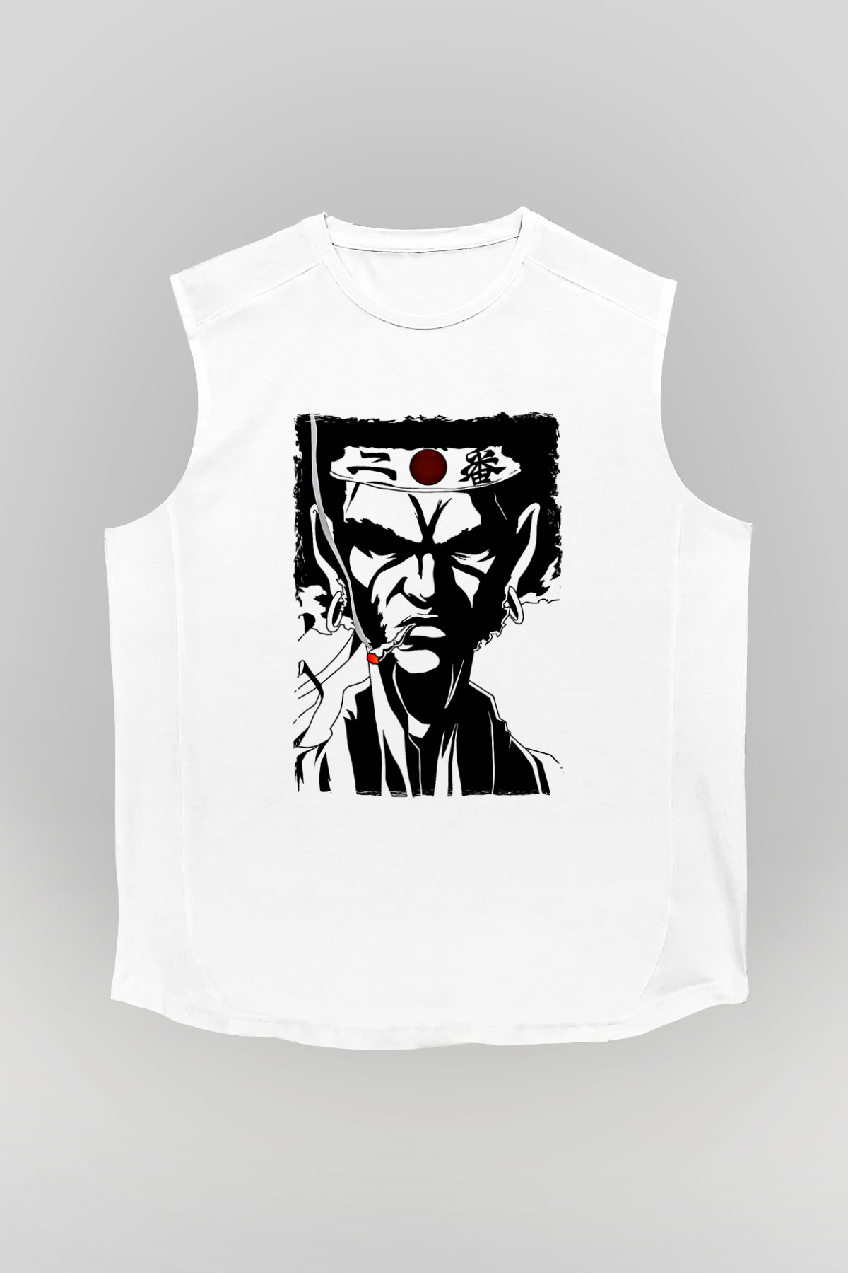 Afro Samurai Baskılı Beyaz Unisex Kolsuz Tişört - Tshirt