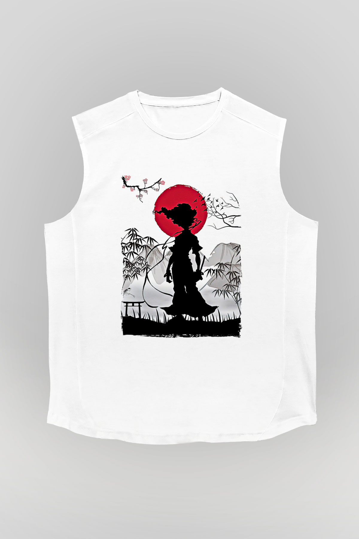 Afro Samurai Baskılı Beyaz Unisex Kolsuz Tişört - Tshirt