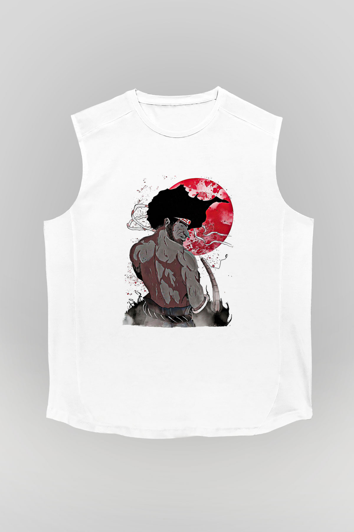 Afro Samurai Baskılı Beyaz Unisex Kolsuz Tişört - Tshirt