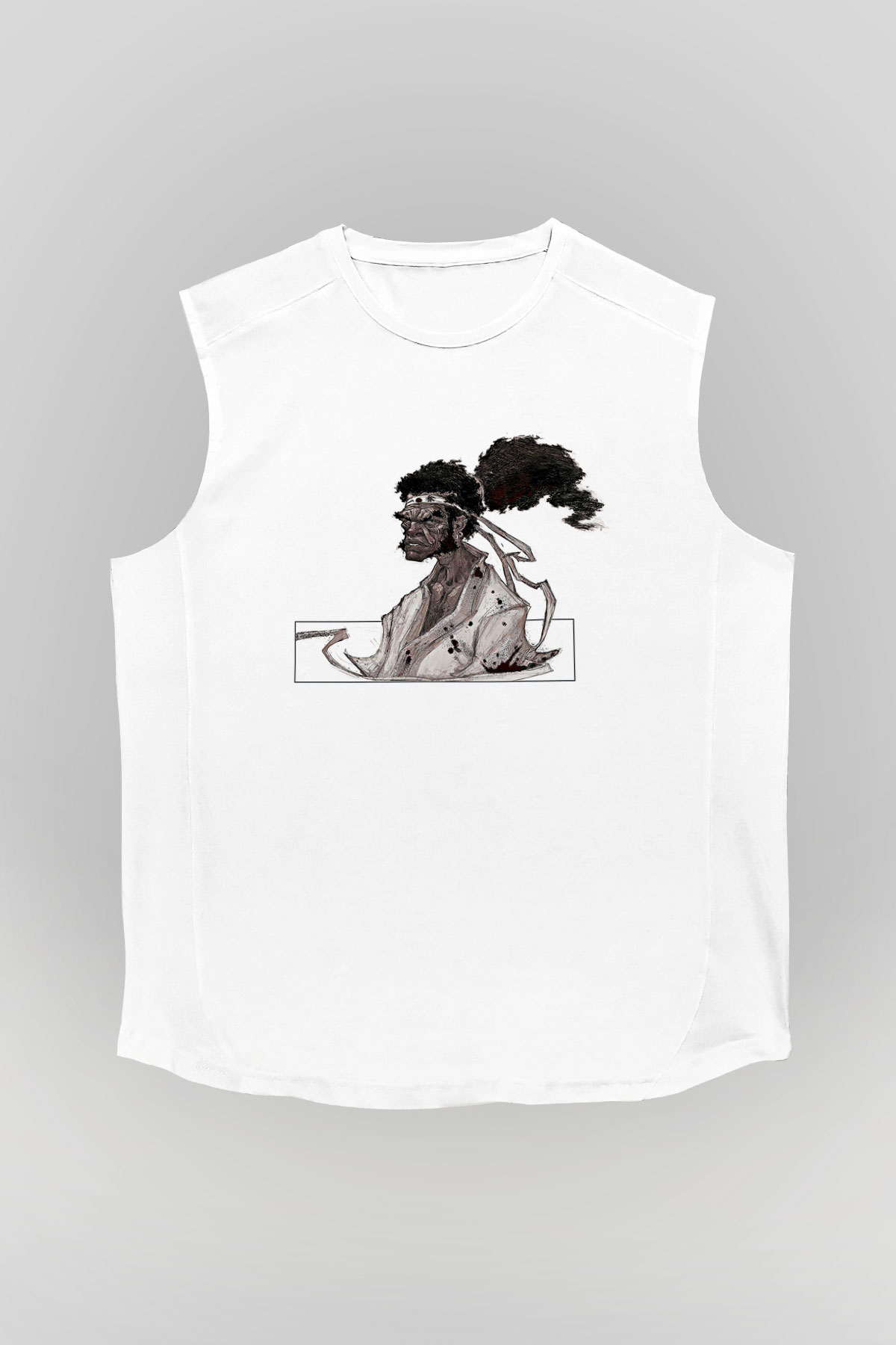 Afro Samurai Baskılı Beyaz Unisex Kolsuz Tişört - Tshirt