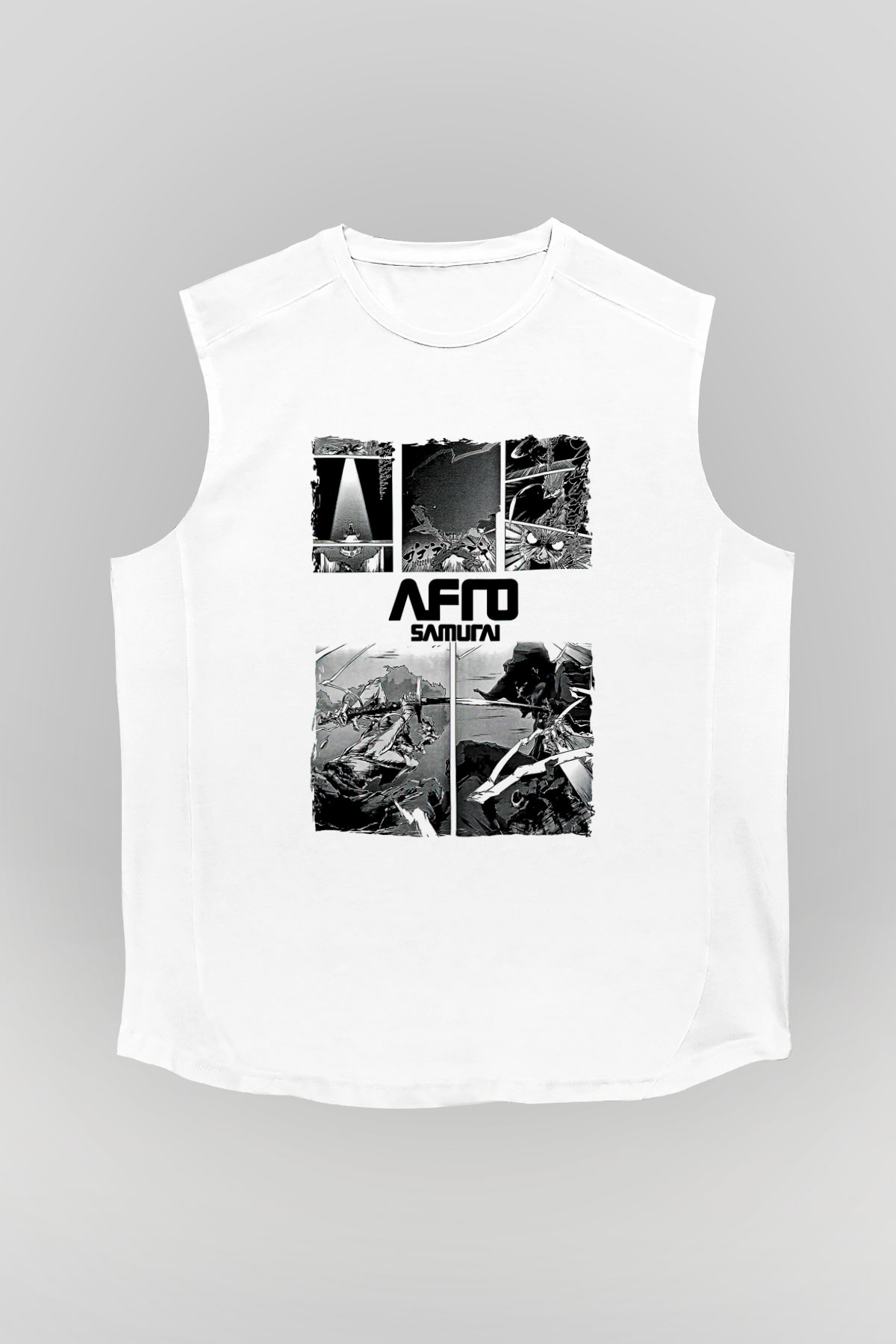 Afro Samurai Baskılı Beyaz Unisex Kolsuz Tişört - Tshirt