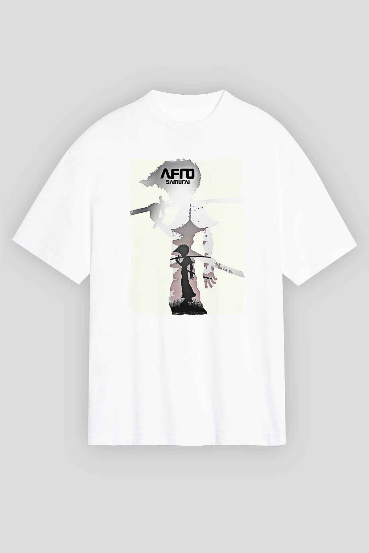 Afro Samurai Baskılı Beyaz Unisex Oversize Tişört - Tshirt