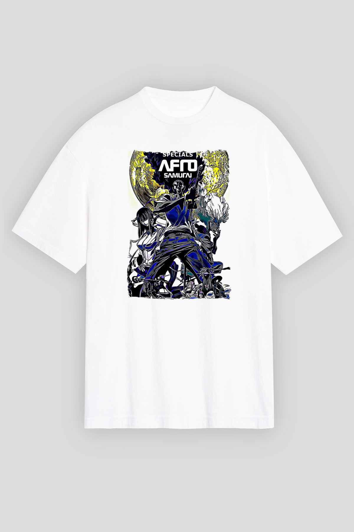 Afro Samurai Baskılı Beyaz Unisex Oversize Tişört - Tshirt