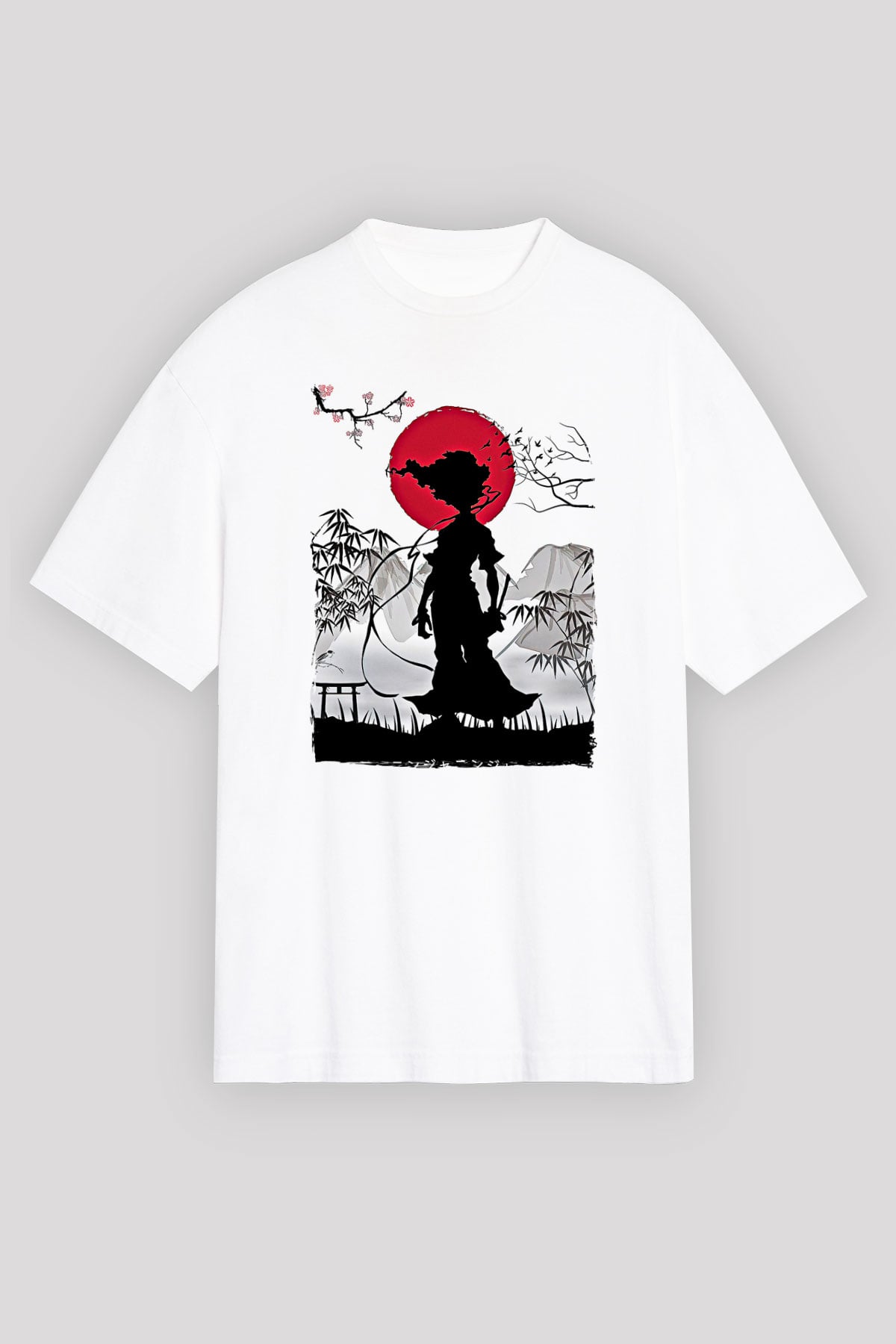 Afro Samurai Baskılı Beyaz Unisex Oversize Tişört - Tshirt