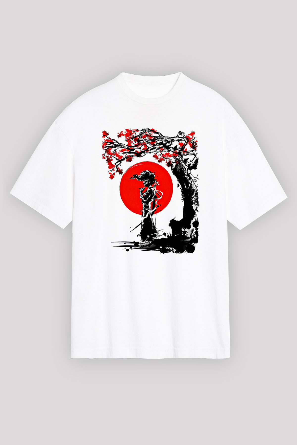 Afro Samurai Baskılı Beyaz Unisex Oversize Tişört - Tshirt