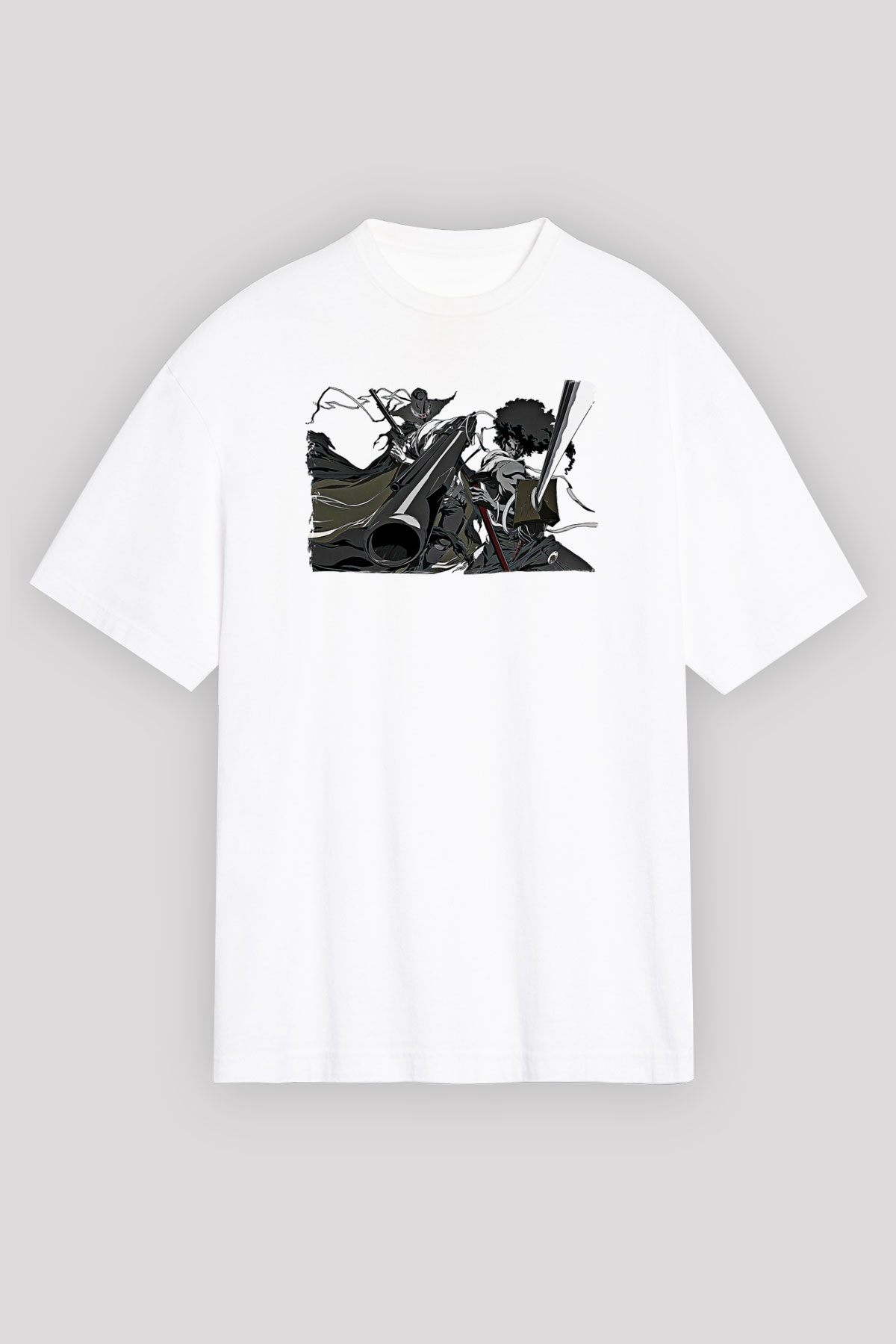 Afro Samurai Baskılı Beyaz Unisex Oversize Tişört - Tshirt
