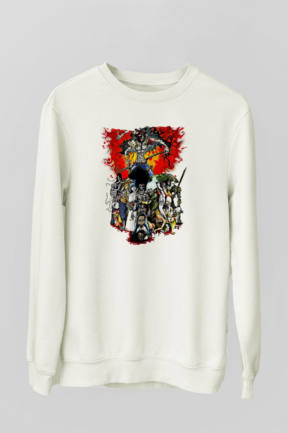 Afro Samurai Baskılı Beyaz Unisex Sweatshirt