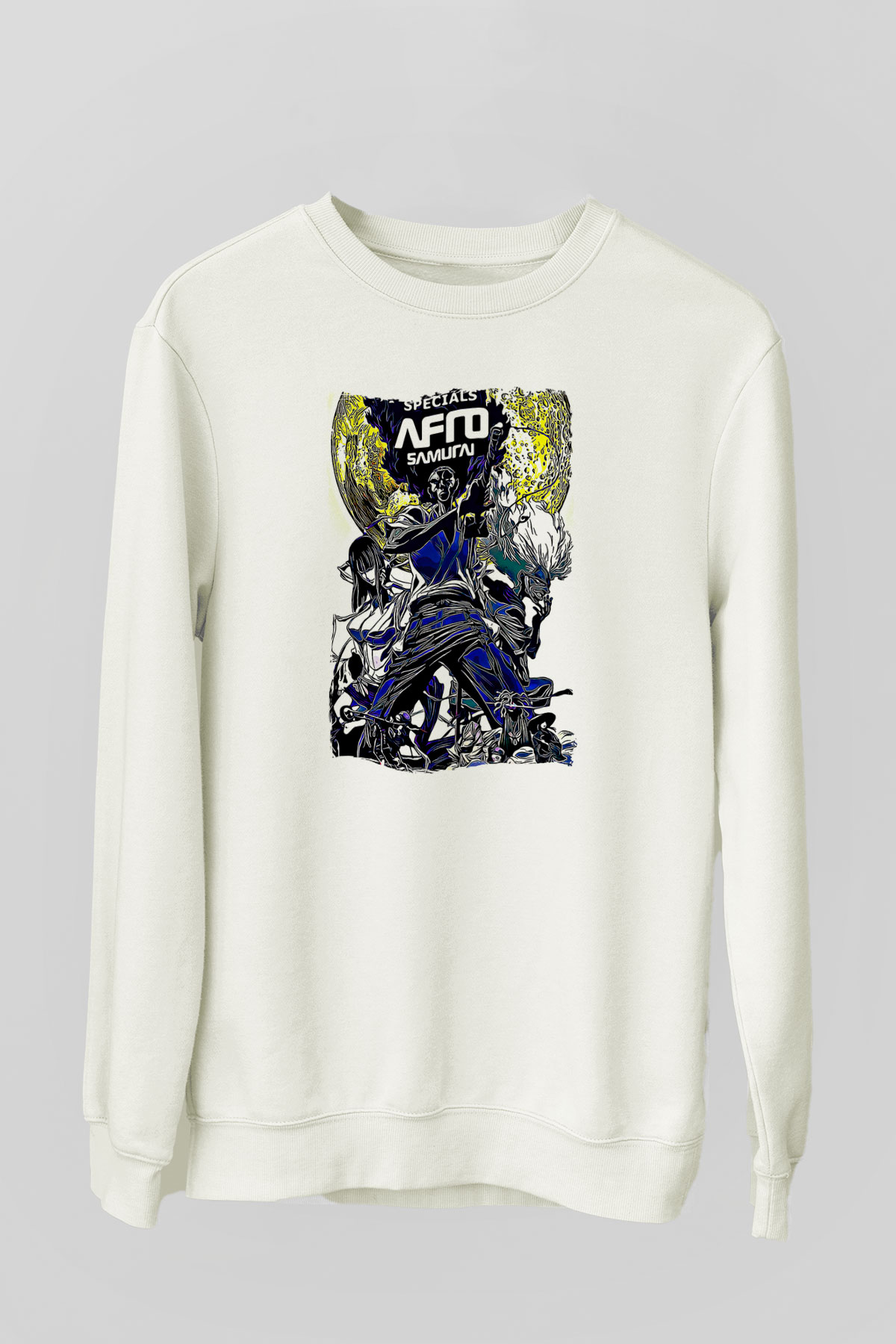 Afro Samurai Baskılı Beyaz Unisex Sweatshirt
