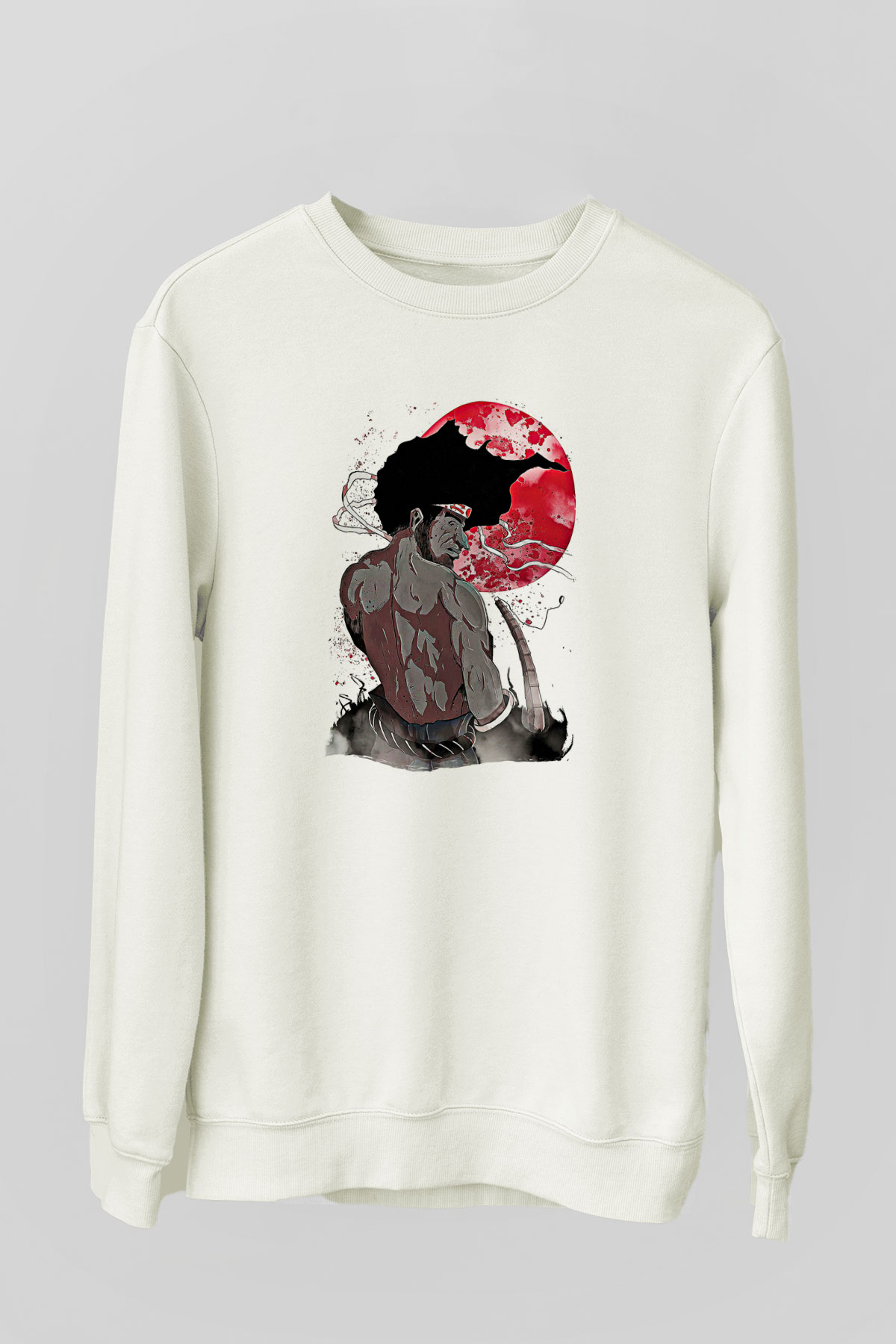 Afro Samurai Baskılı Beyaz Unisex Sweatshirt