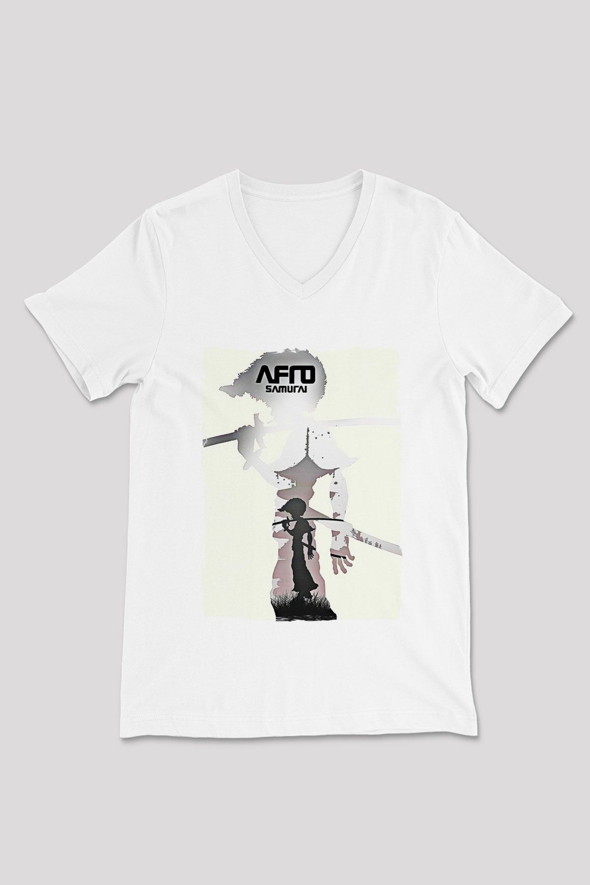 Afro Samurai Baskılı Beyaz Unisex V Yaka Tişört - Tshirt