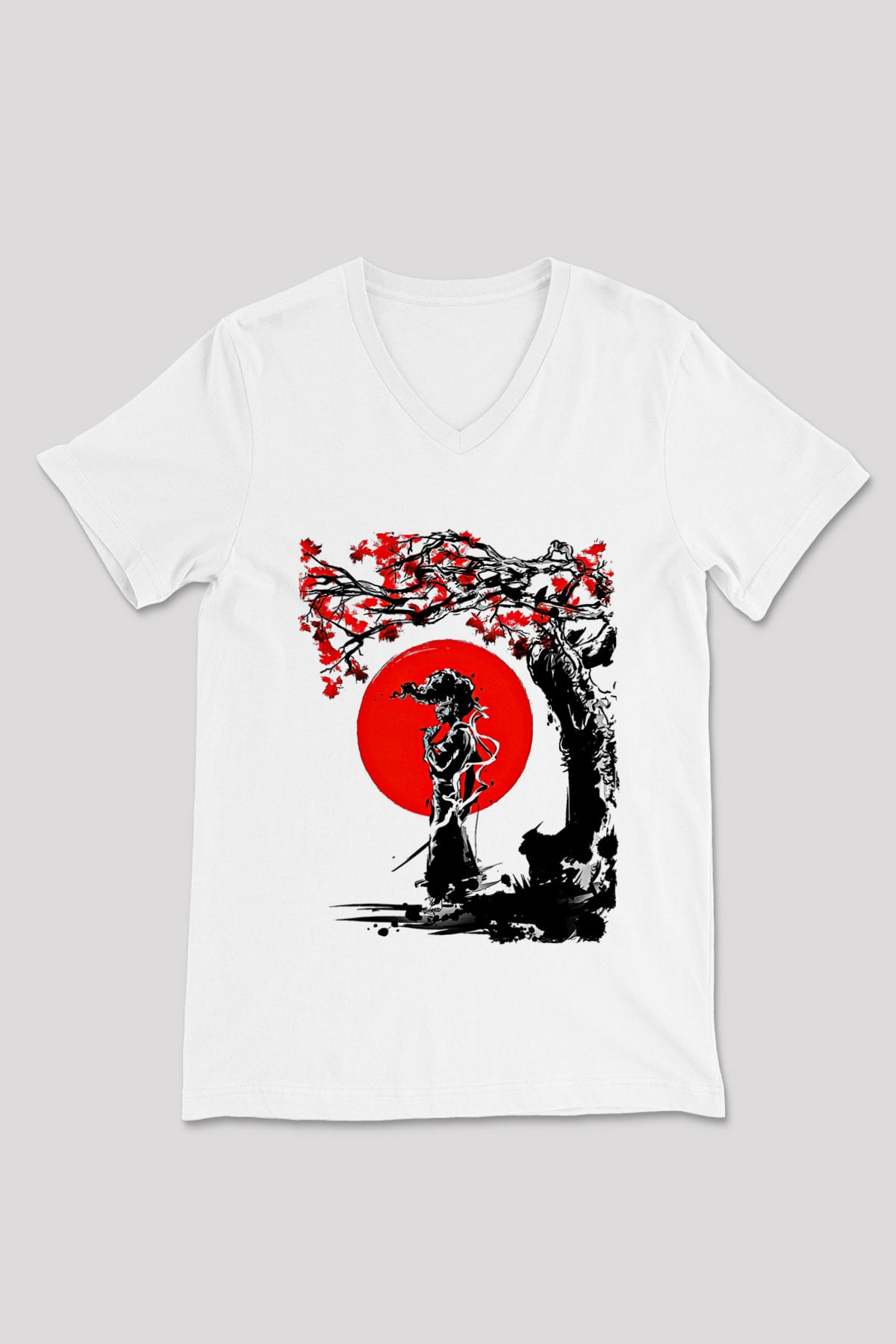 Afro Samurai Baskılı Beyaz Unisex V Yaka Tişört - Tshirt
